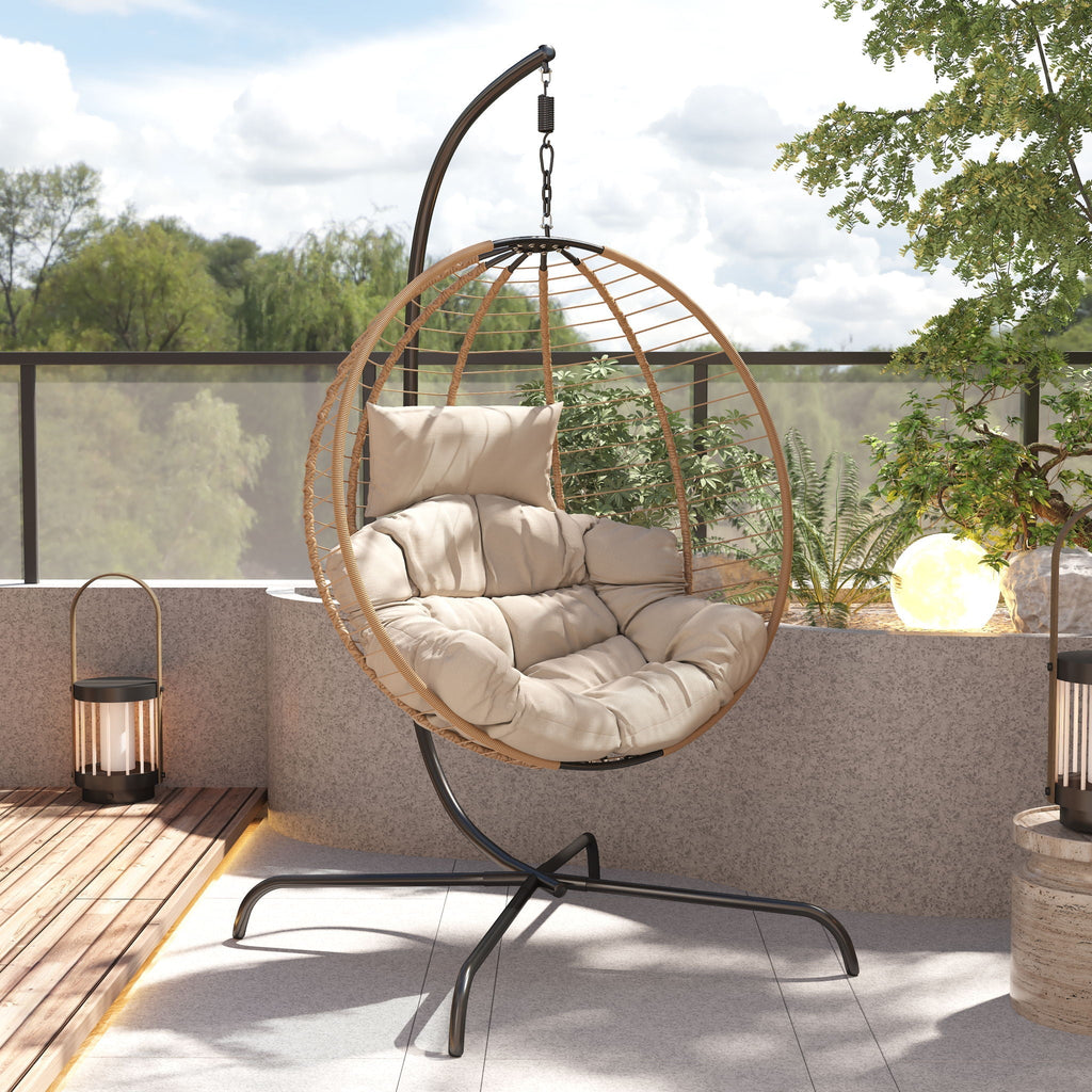 Sora Outdoor Patio Wicker Hanging Chair With Stand - Beige / Brown