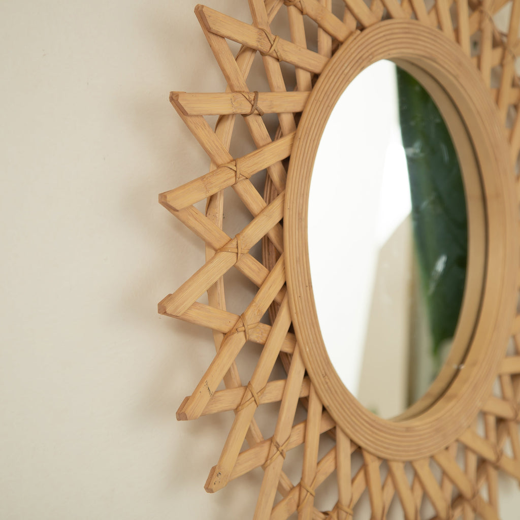 Wall Mounted Circle Mirror Boho Bamboo Natural 24x24 Inch Bedroom