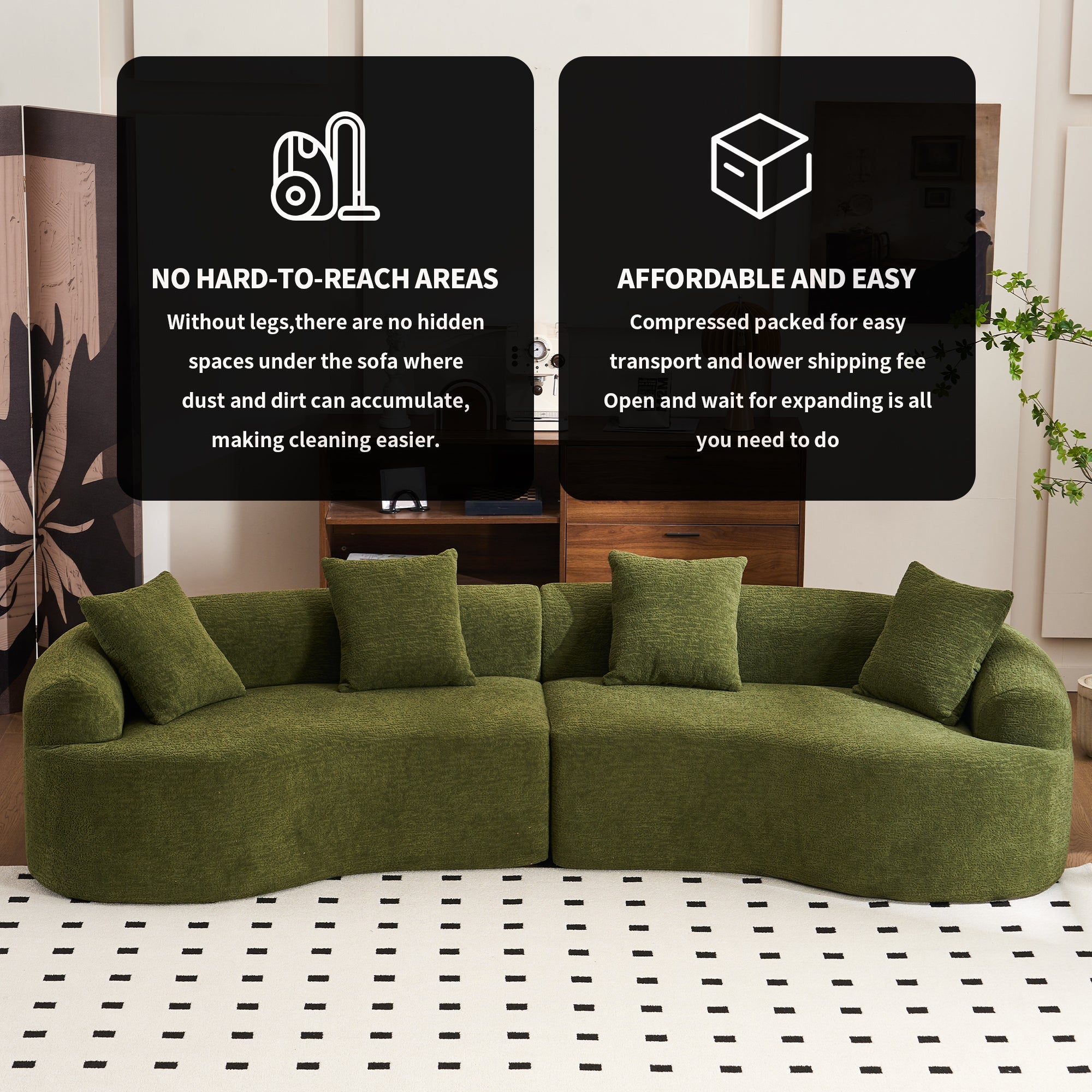 Full Compression Sponge Sofa Forest Green Curved Modular Sectional, Chenille Upholstery, 110''L