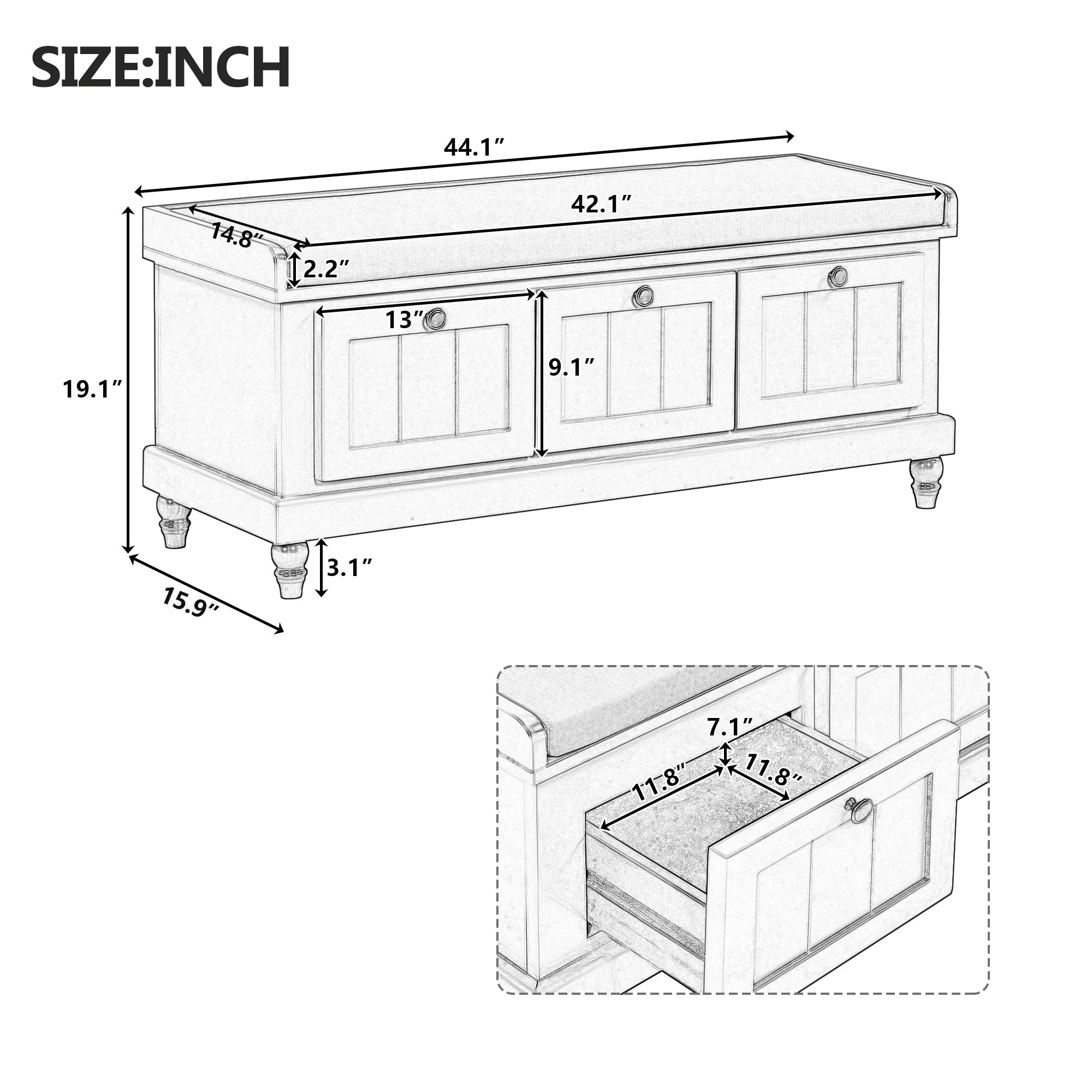 Entry Bench Fluted MDF White Cushioned Seat 3 Drawers 44x16x19 In 220 LB
