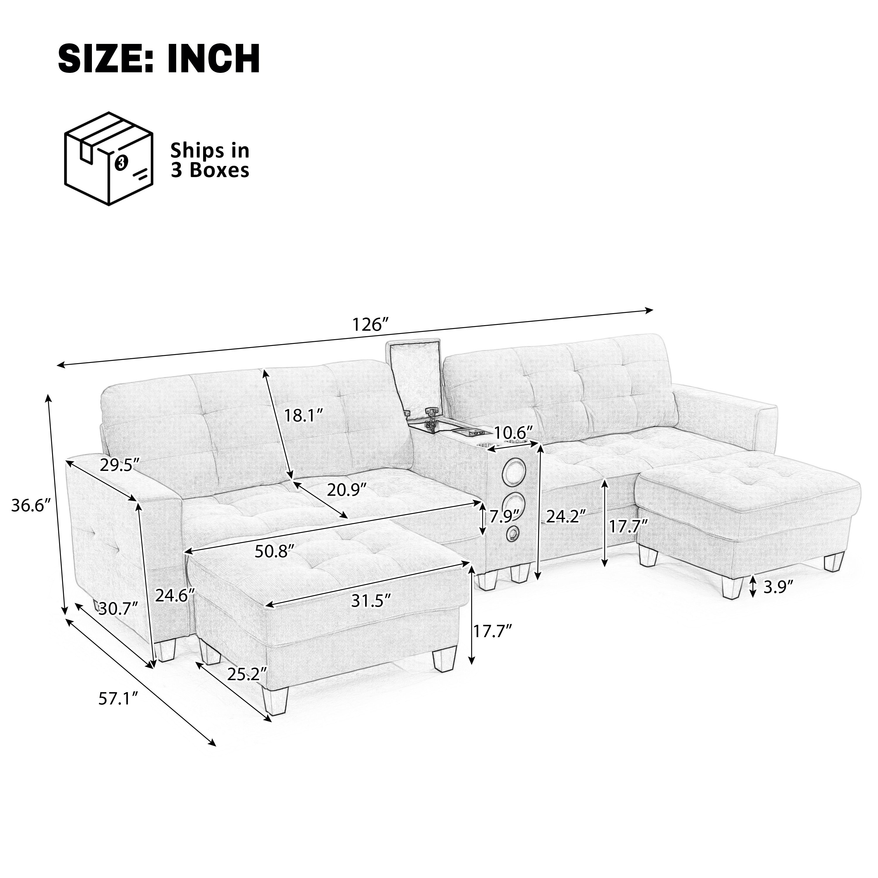 Sectional Sofa U-Shape Chenille Light Gray 6 Seat Bluetooth 126 In