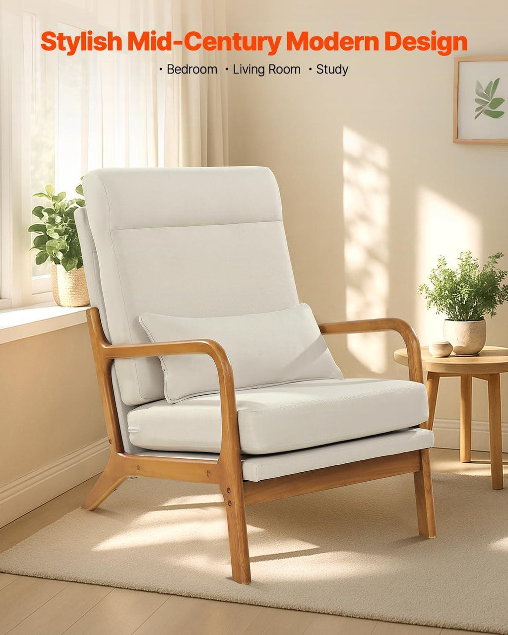 High Back Mid Century Linen Accent Chair For Living Room