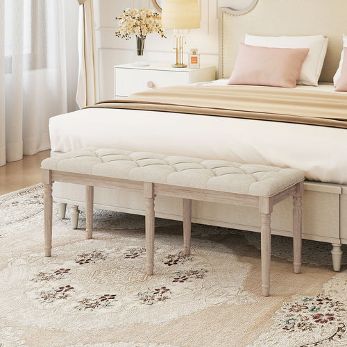 47.5 Inch Upholstered Bench with Carved Rubber Wood Legs and Padded Seat-Beige