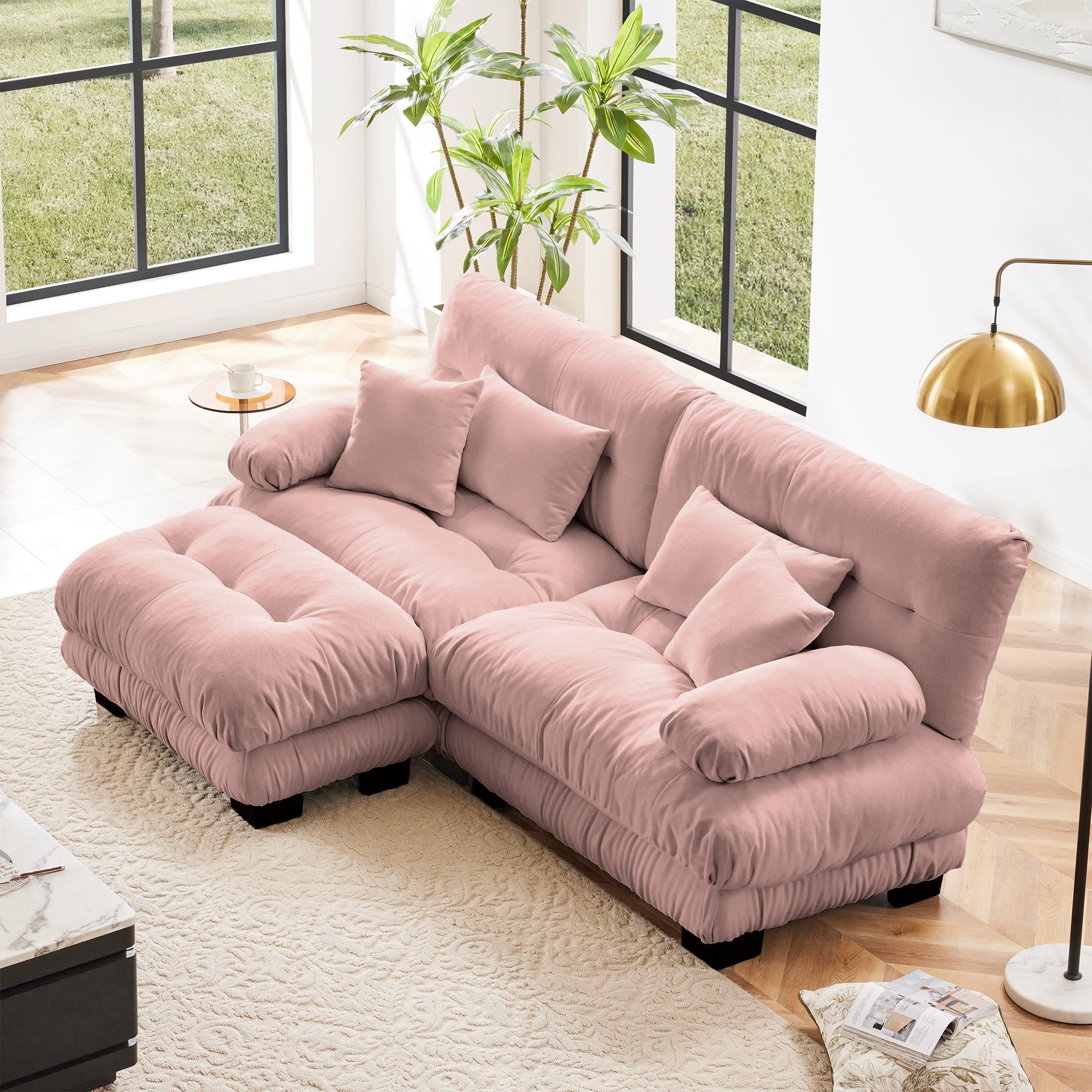 Sectional Sofa Curved Chenille Pink with Convertible Ottoman