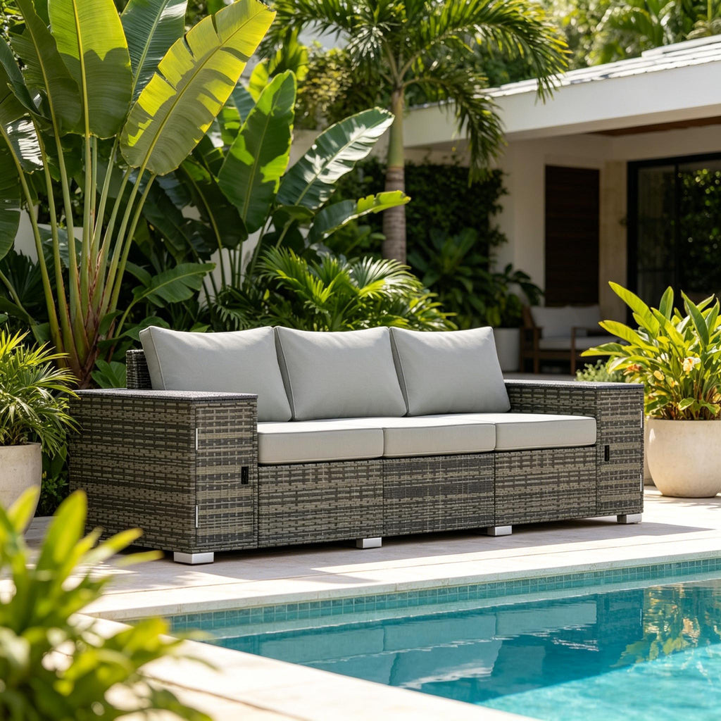 Outdoor Sofa Set Wicker Gray 3 Seat Storage Armrests 794 lb Capacity