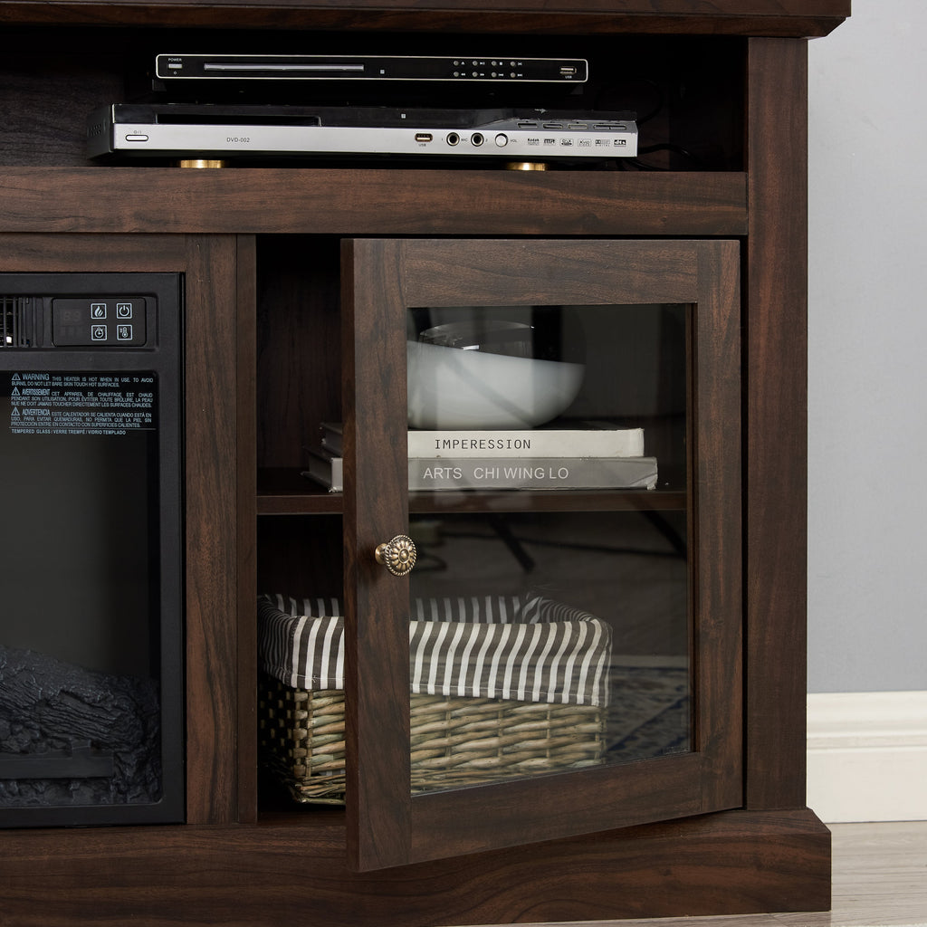 TV Stand Fireplace American Traditional Brown MDF 1400W Fits 65 In TV 60 In
