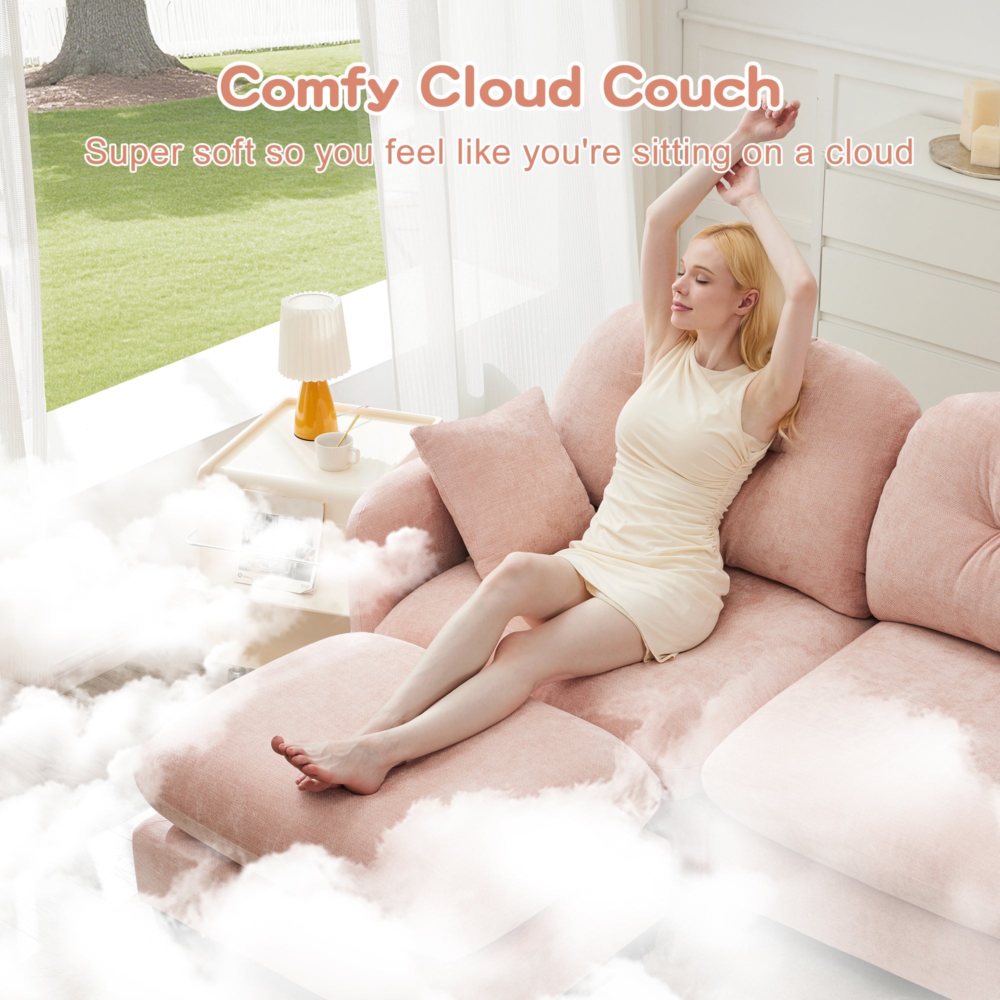 Sectional Sofa Modular Chenille Pink 3-Seat Tufted Pleated Cloud Style