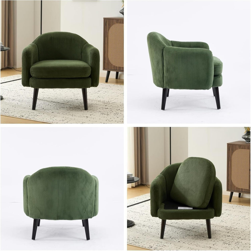 Corduroy Green Barrel Chair 30 Inch Wide With Wood Legs
