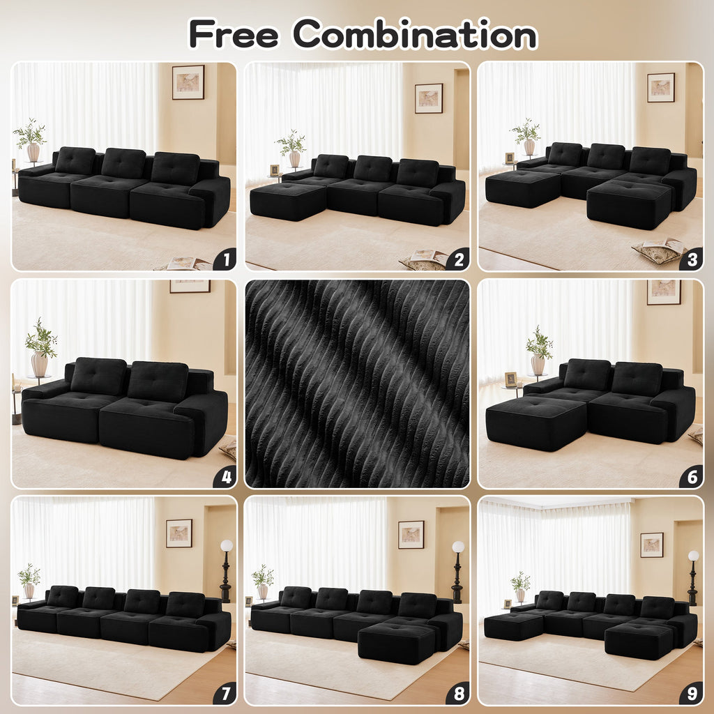 Sectional Sofa Modular Corduroy Black 3 Seater Tufted