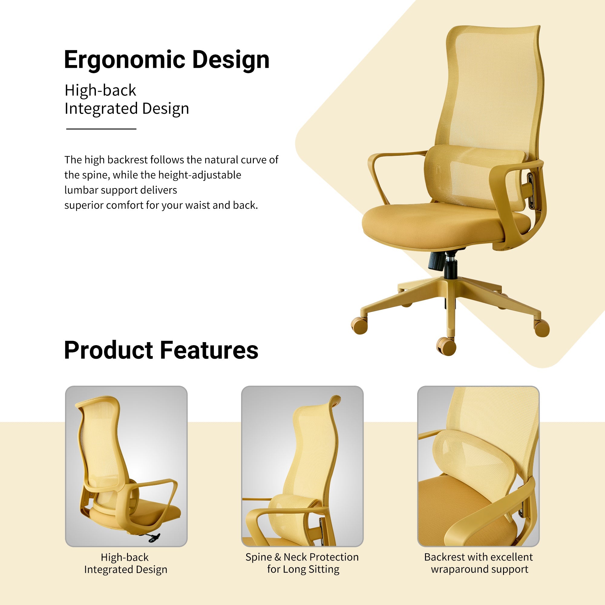 Ergonomic Office Chair Mesh High-Back Yellow 350 LB Lumbar Support Swivel