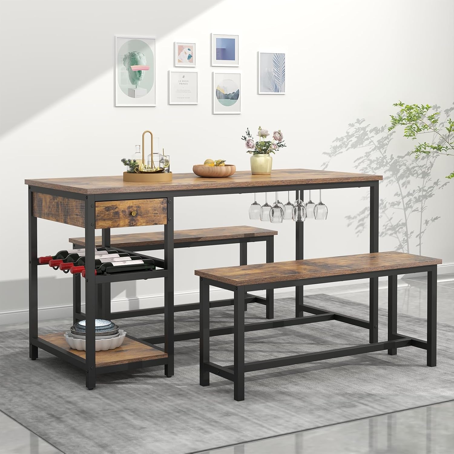 Rustic Dining Table Set For 4 To 6 With Storage Drawer