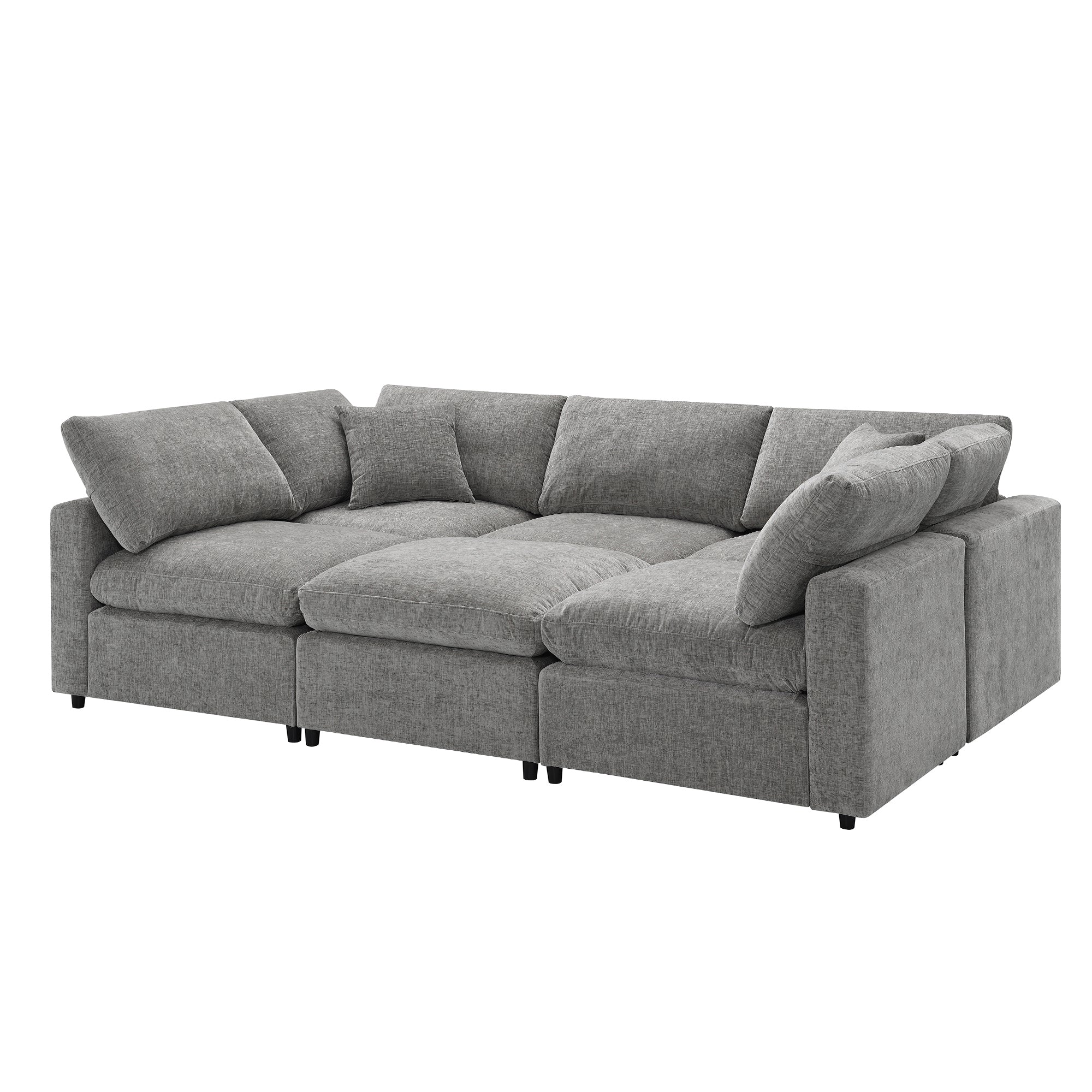 Sofa Modular U-Shape Chenille Gray 6 Seat Convertible Ottoman 130 In