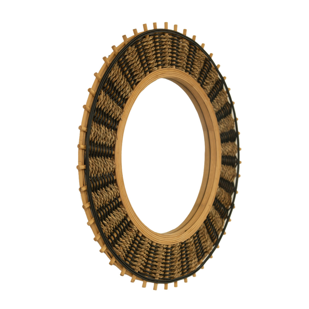 Round Wall Mirror Boho Bamboo Natural Frame 23-inch Large Living Room