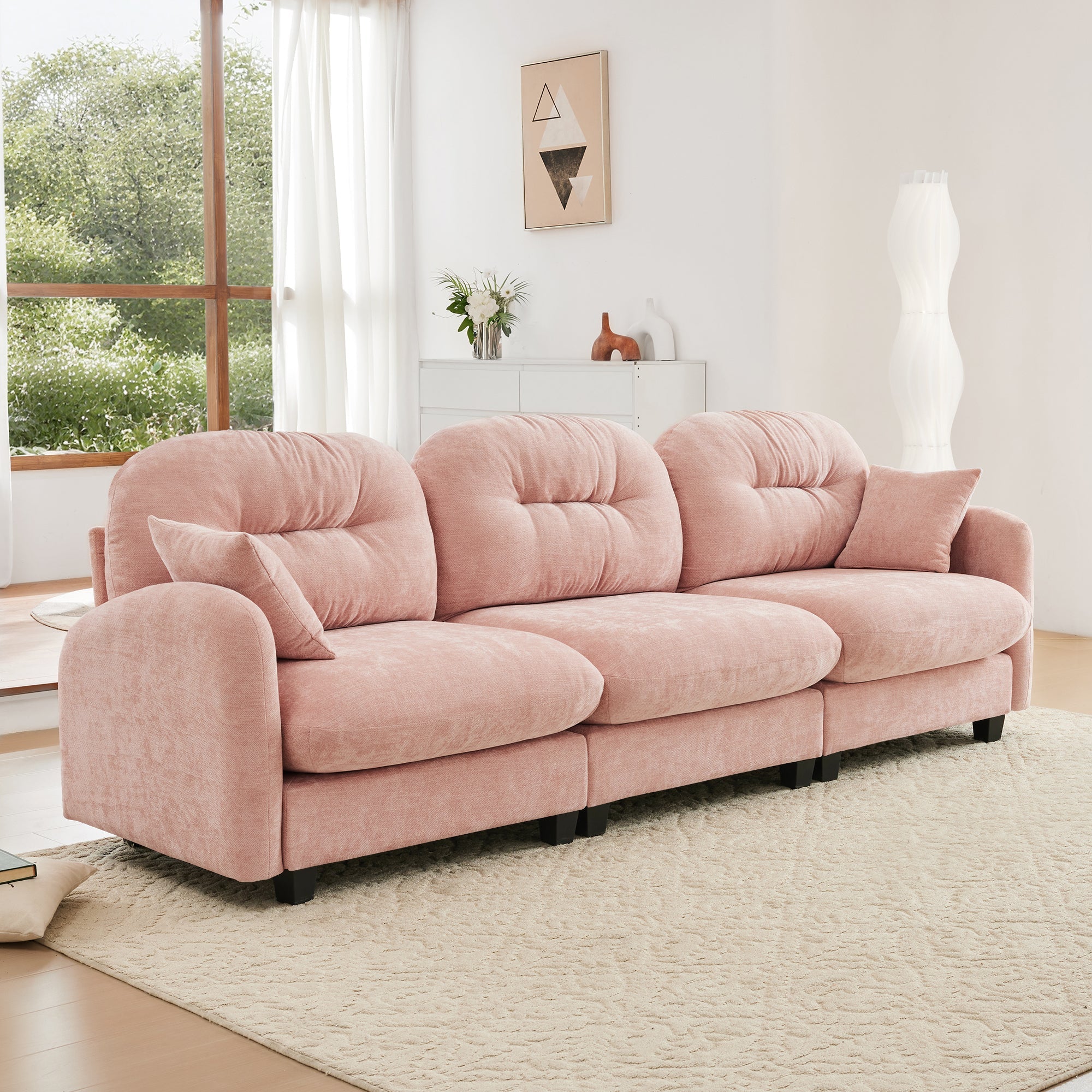 Sectional Sofa Modular Chenille Pink 3-Seat Tufted Pleated Cloud Style