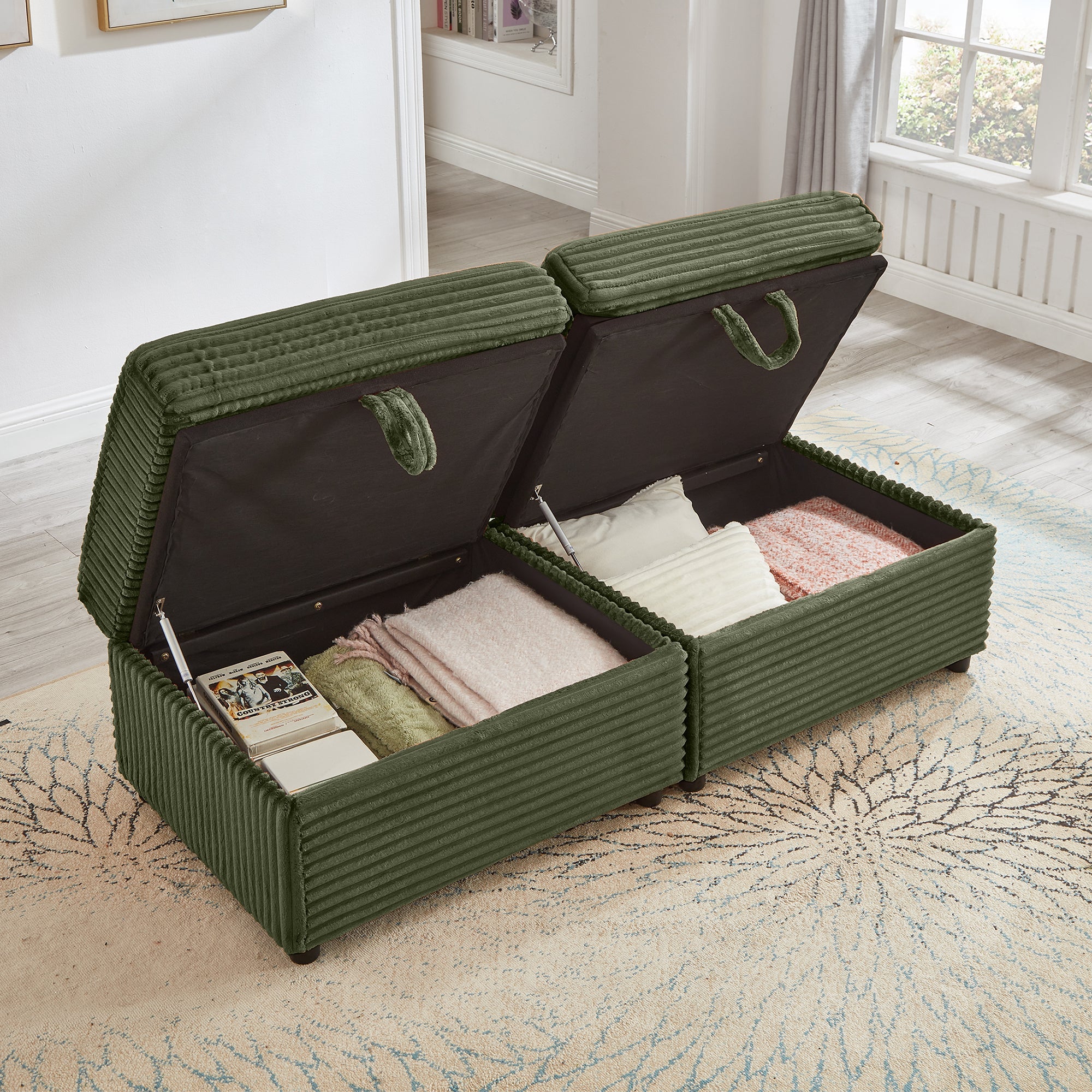 Sectional Sofa L-Shape Corduroy Green Storage Chaise 2 Ottomans USB 69 In