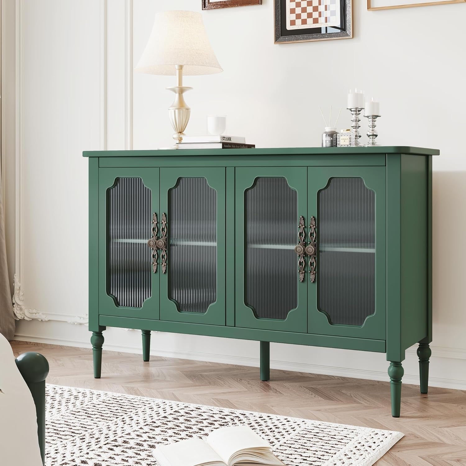Vintage Green Glass Doors Buffet Sideboard Storage 48 Inch
