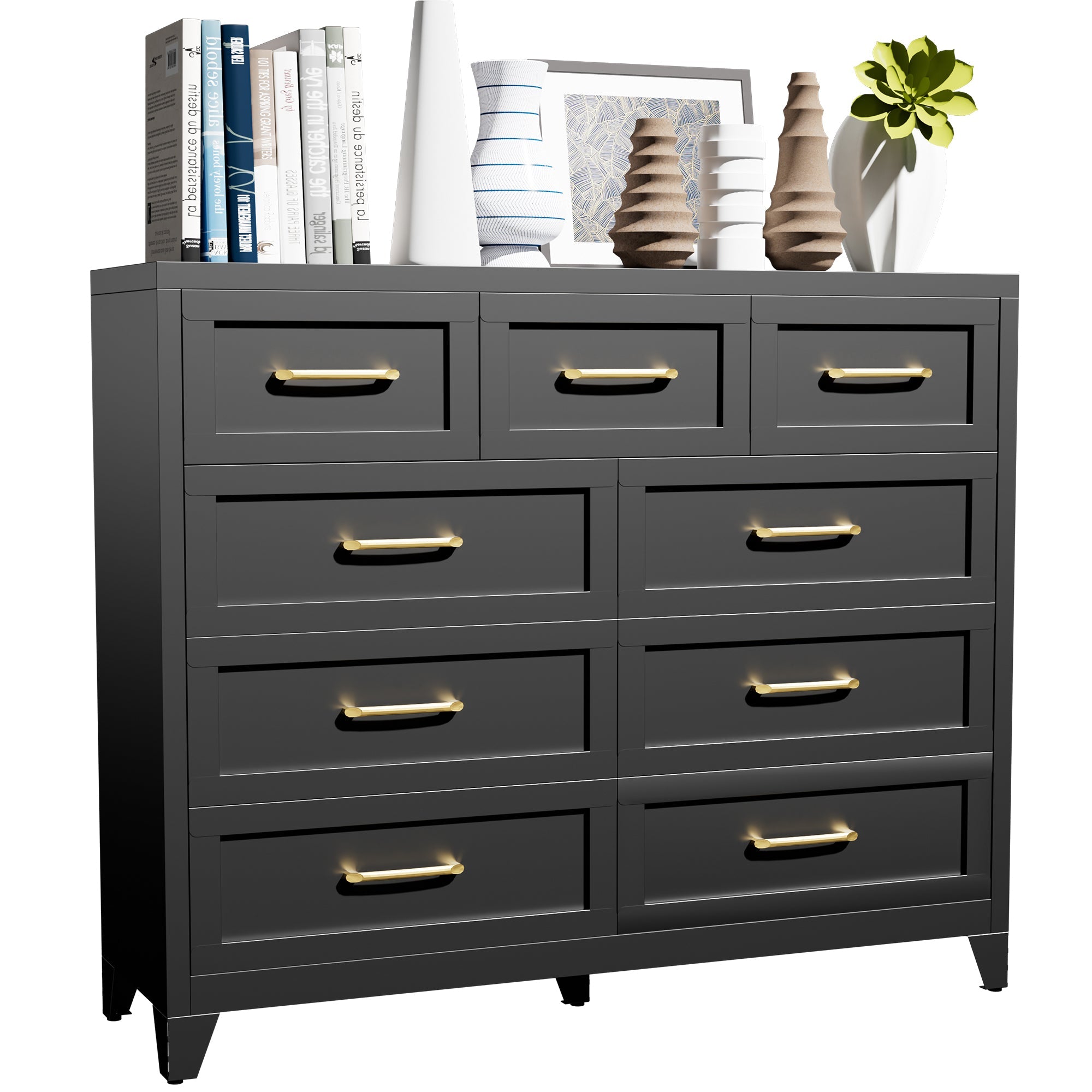 Dresser Tall 9-Drawer Black Steel Smooth-Glide 47.3x15.8x39 In