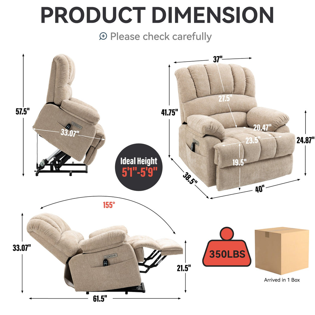 Lift Recliner Chair Power Oversized Chenille Beige 23 In Seat USB 350 LB