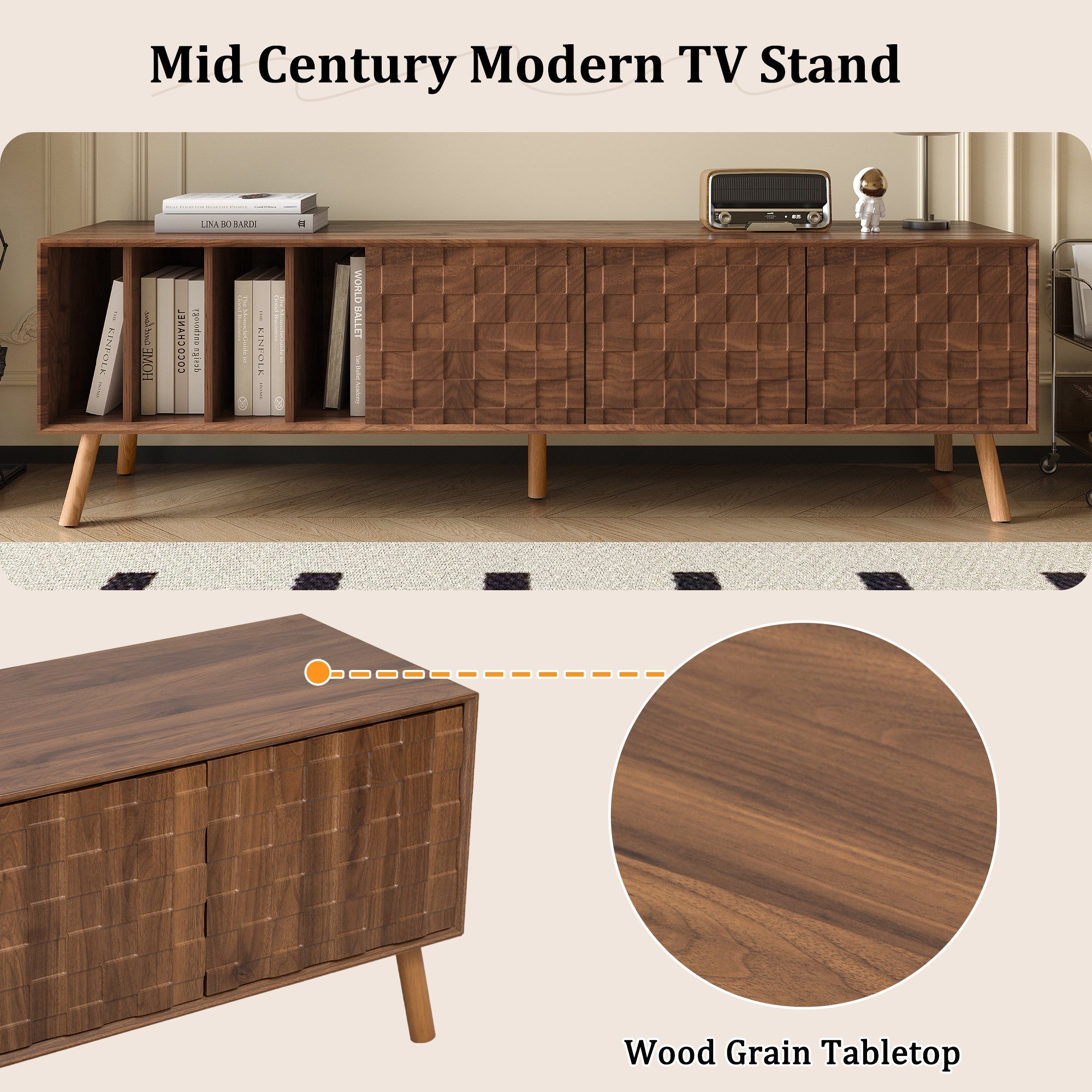 TV Stand Mid-Century Walnut Solid Wood MDF Push-Pop Doors Fits 80 In TV