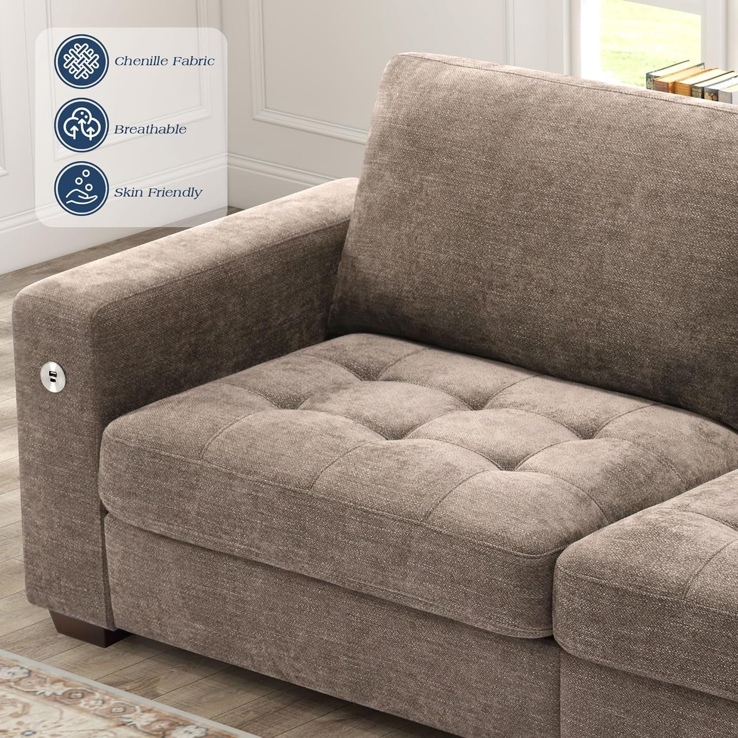 89 Inch Chenille Sofa Set With USB Charging For Living Room