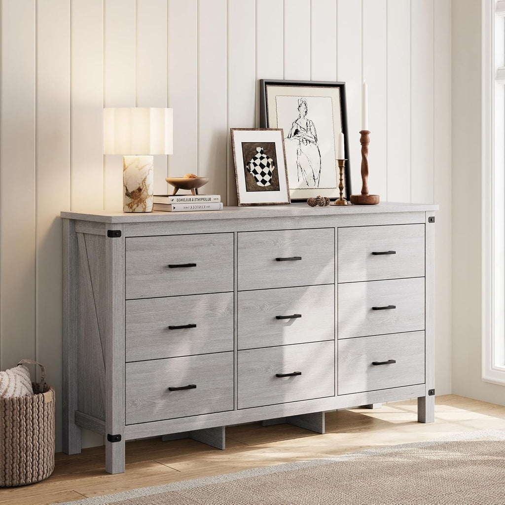 59 Inch Washed Grey Modern Farmhouse DresserWithNineDrawers