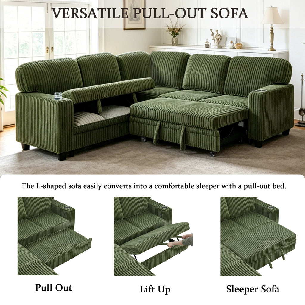 Sofa Bed L-Shape Corduroy Olive Green 5 Seat Pull-Out USB Ports 81 In