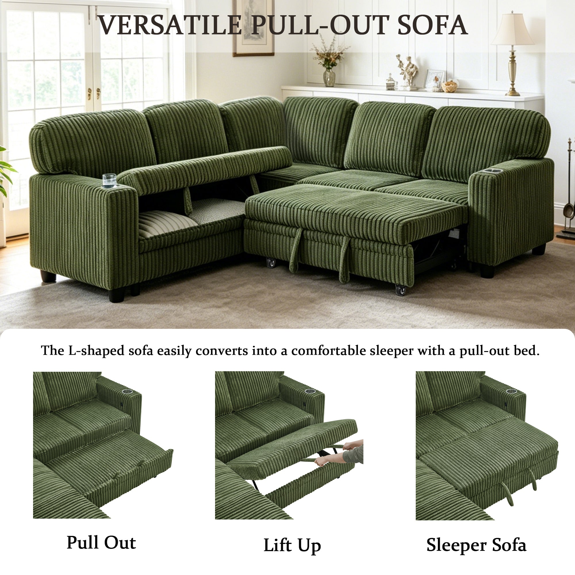 Sofa Bed L-Shape Corduroy Olive Green 5 Seat Pull-Out USB Ports 81 In