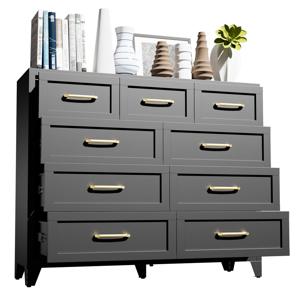 Dresser Tall 9-Drawer Black Steel Smooth-Glide 47.3x15.8x39 In