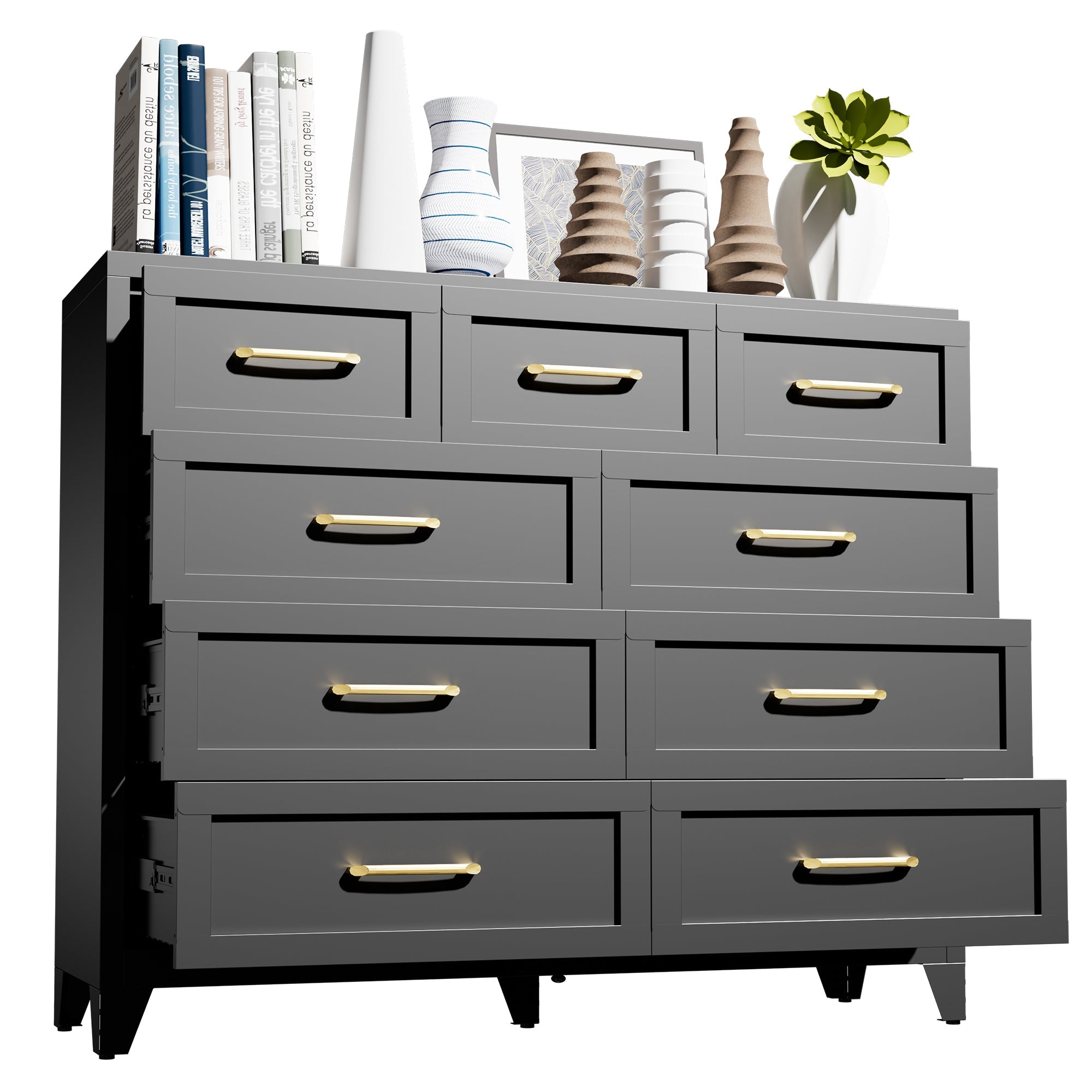 Dresser Tall 9-Drawer Black Steel Smooth-Glide 47.3x15.8x39 In