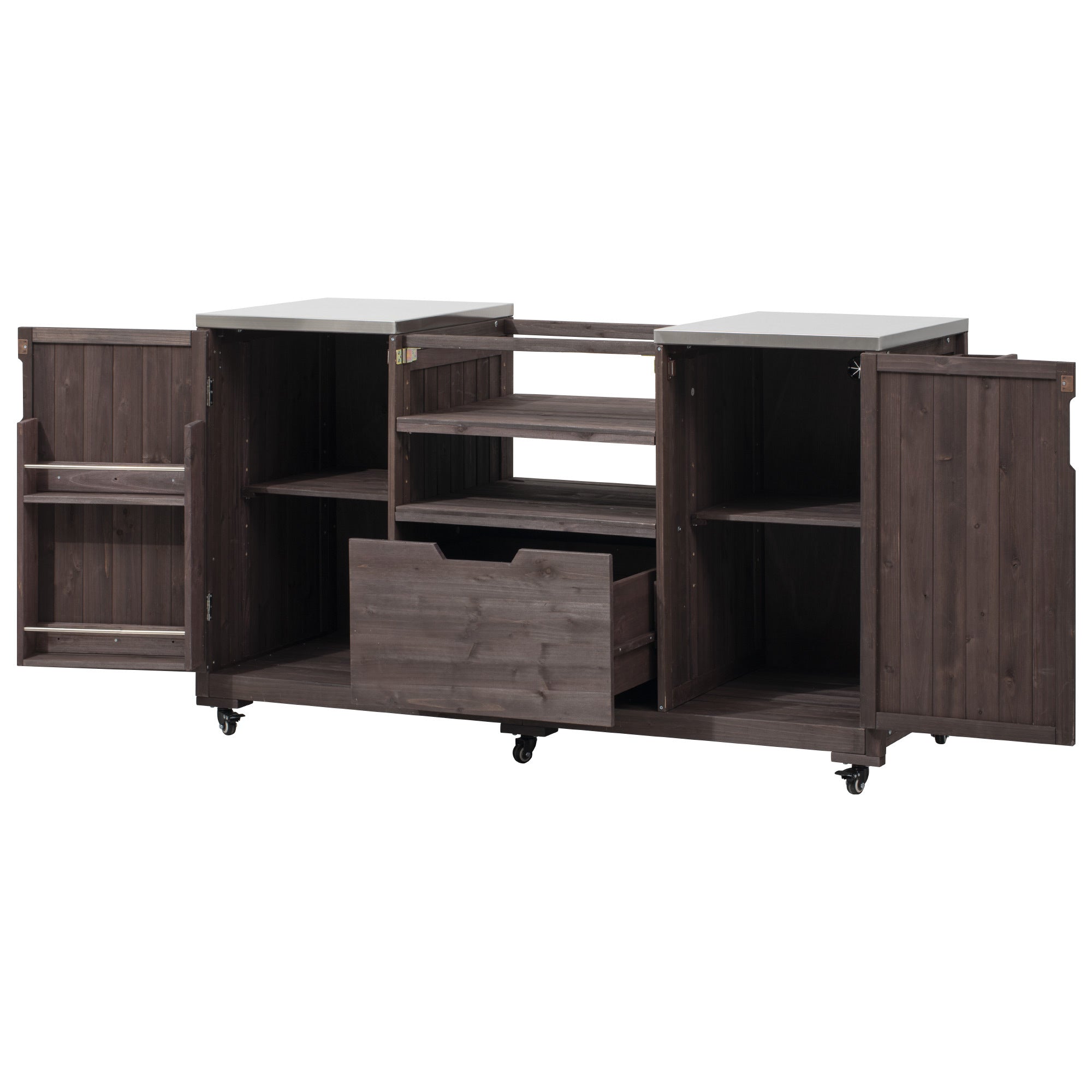 Outdoor Kitchen Island Grill Cart Fir Wood Stainless Steel Top 66.5x23x34 In