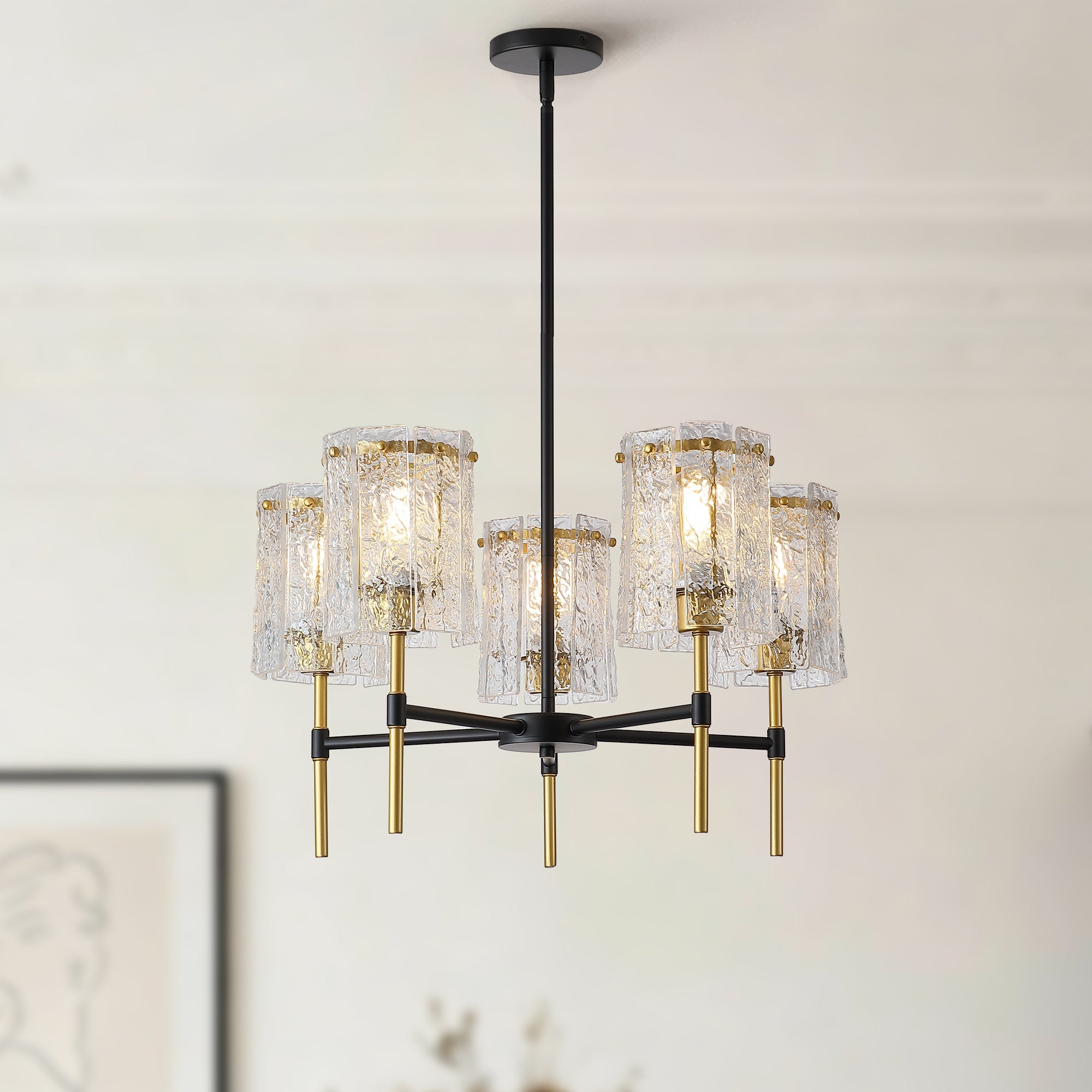 Chandelier 5-Light Black Gold Farmhouse Textured Glass Pendant Modern