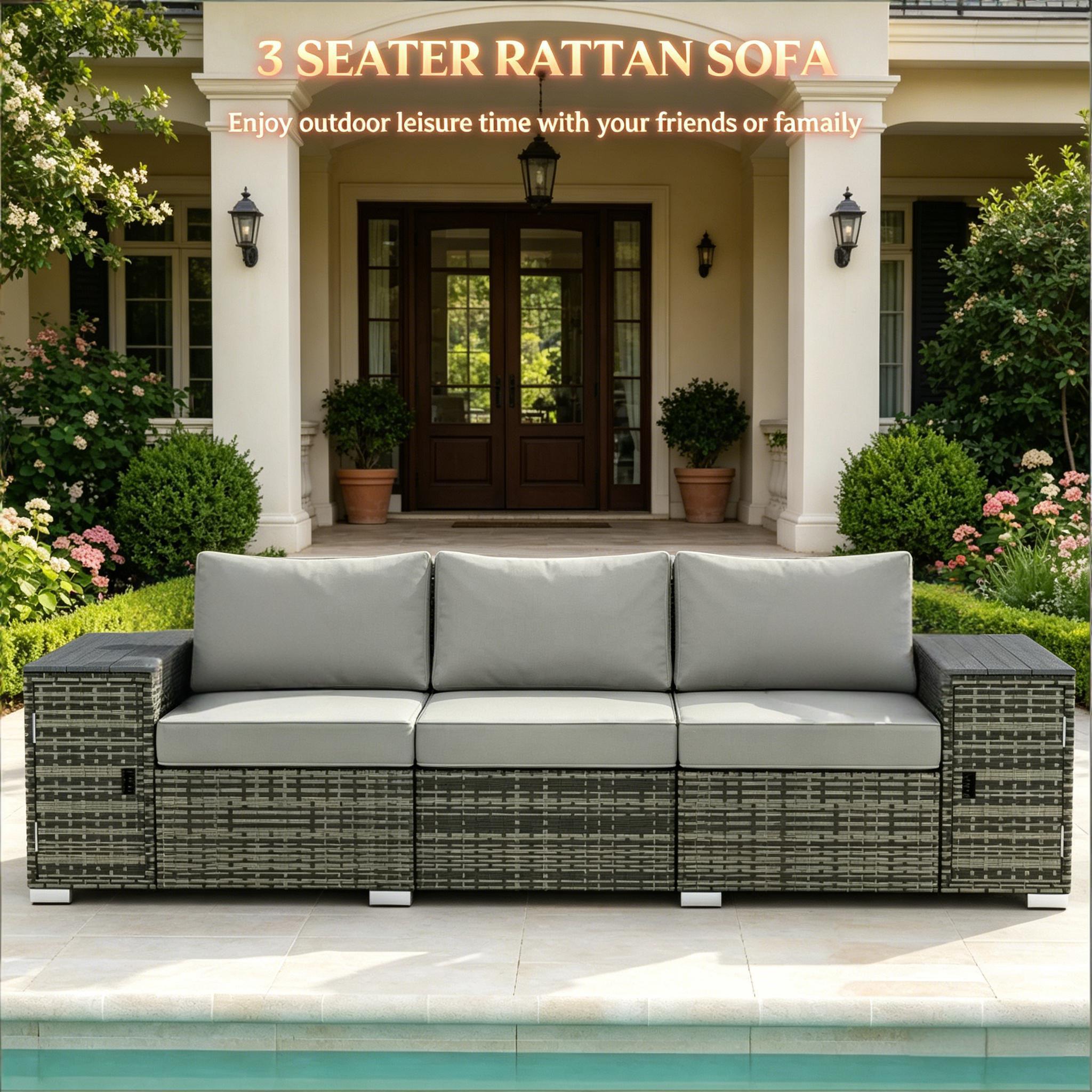 Outdoor Sofa Set Wicker Gray 3 Seat Storage Armrests 794 lb Capacity