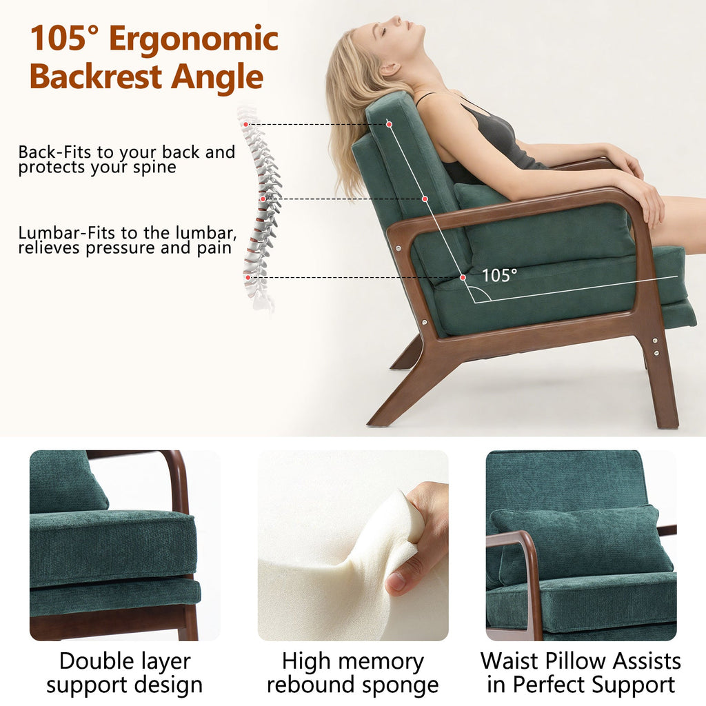 Lounge Chair Mid-Century Modern Dark Green Upholstered Lumbar Cushion