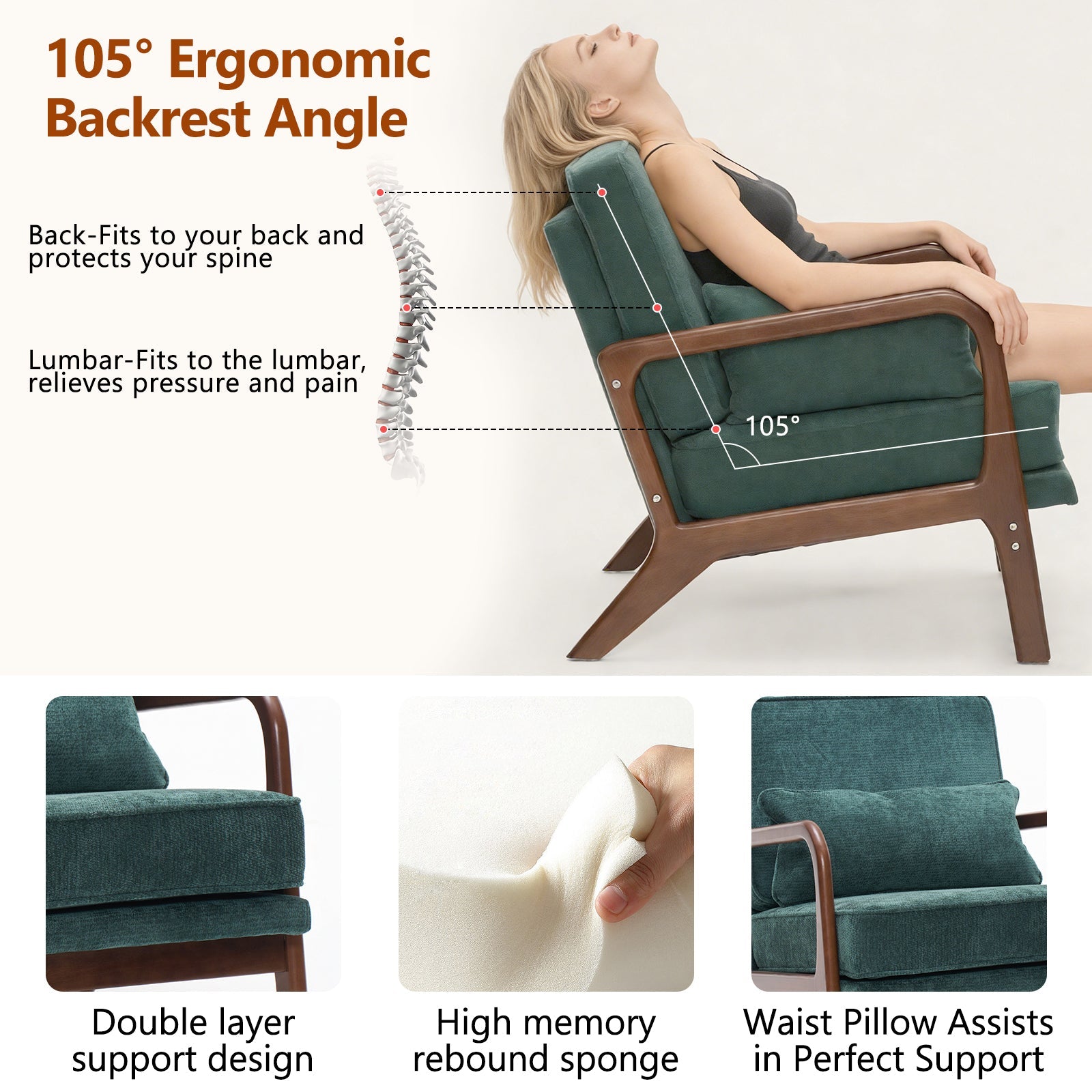 Lounge Chair Mid-Century Modern Dark Green Upholstered Lumbar Cushion