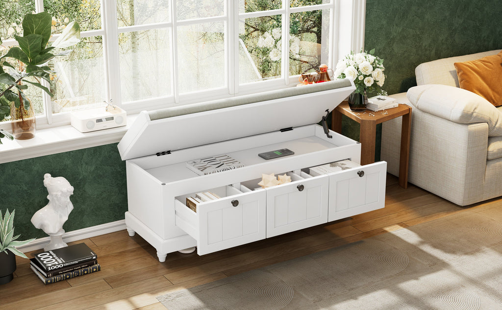 Entry Bench Fluted MDF White Cushioned Seat 3 Drawers 44x16x19 In 220 LB