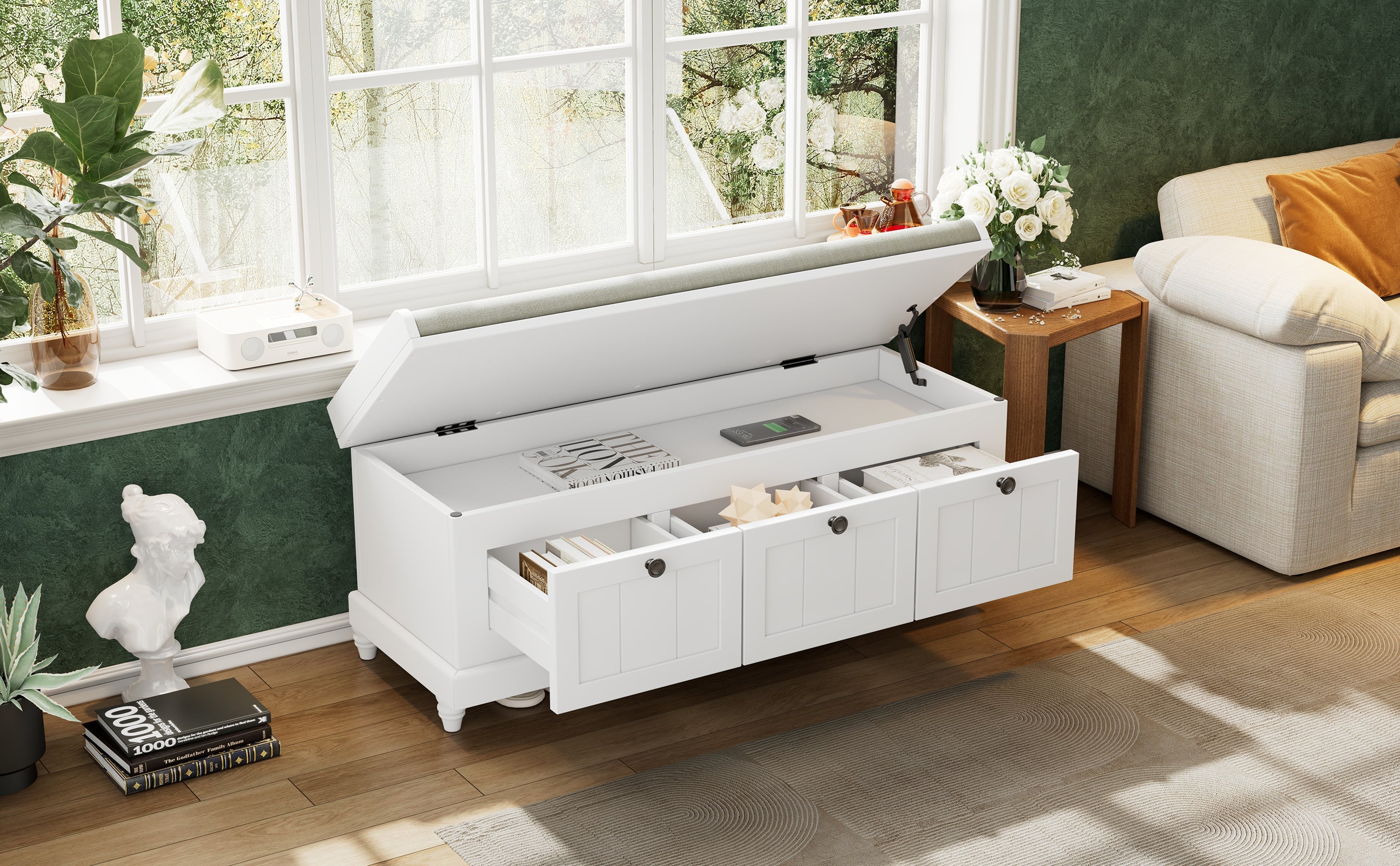 Entry Bench Fluted MDF White Cushioned Seat 3 Drawers 44x16x19 In 220 LB