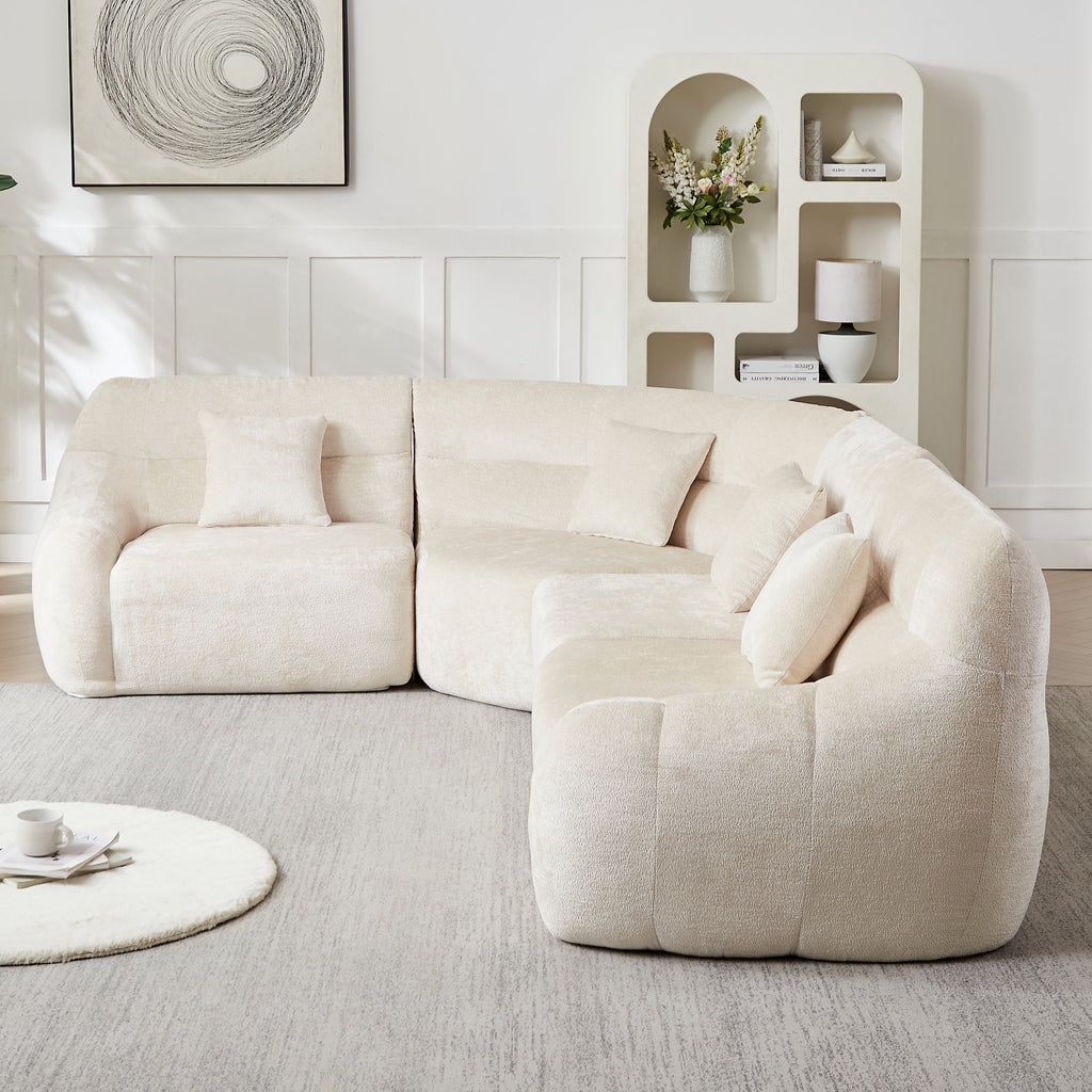 Sectional Sofa Curved Beige Chenille 123.2 Inch Four Pillows No Assembly