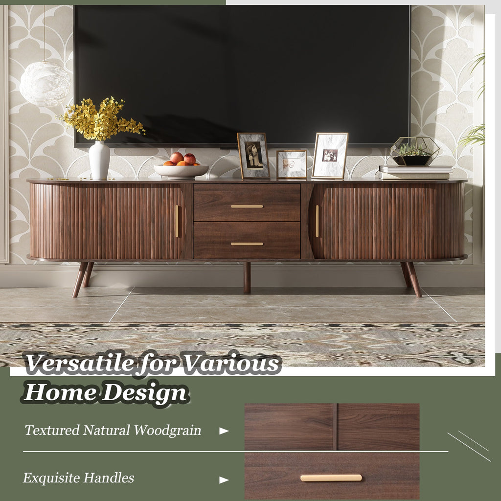 TV Stand Mid-Century Dark Brown Solid Wood Sliding Door Fits 80 In TV 70.8 In