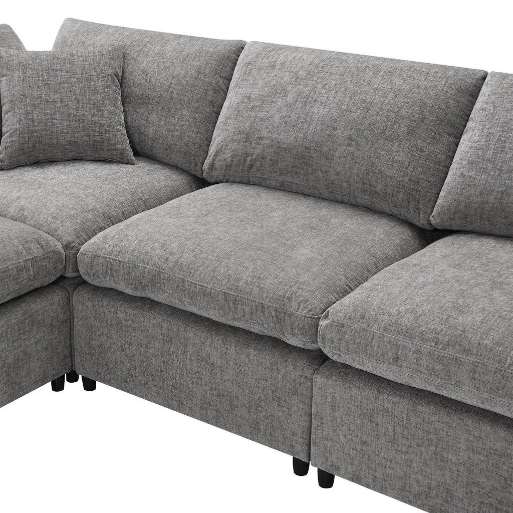 Sofa Modular U-Shape Chenille Gray 6 Seat Convertible Ottoman 130 In