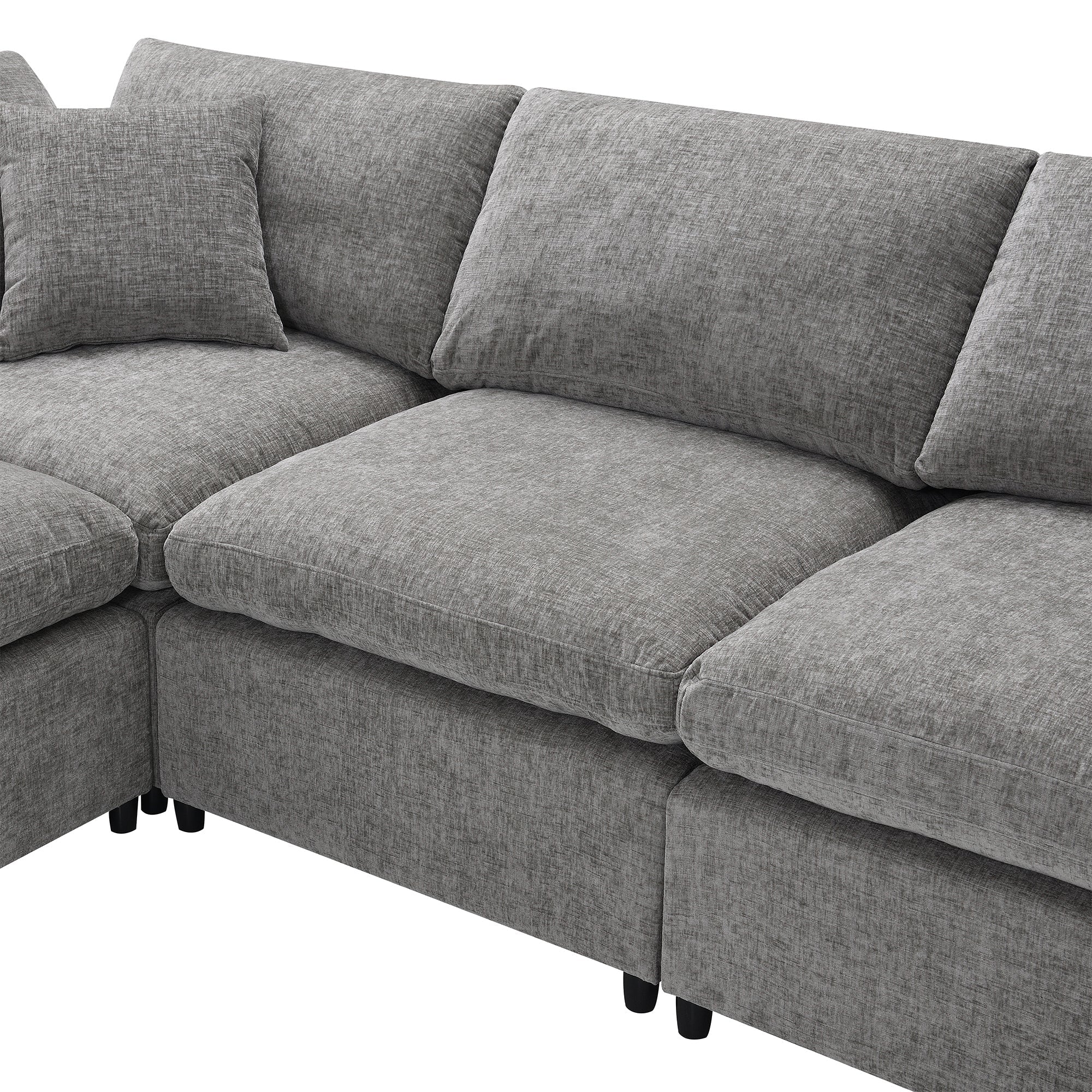 Sofa Modular U-Shape Chenille Gray 6 Seat Convertible Ottoman 130 In