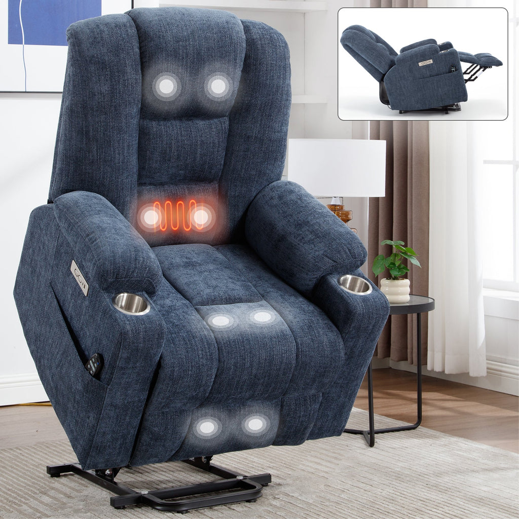 Power Lift Recliner Chair Heat Massage USB Cup Holders, Blue