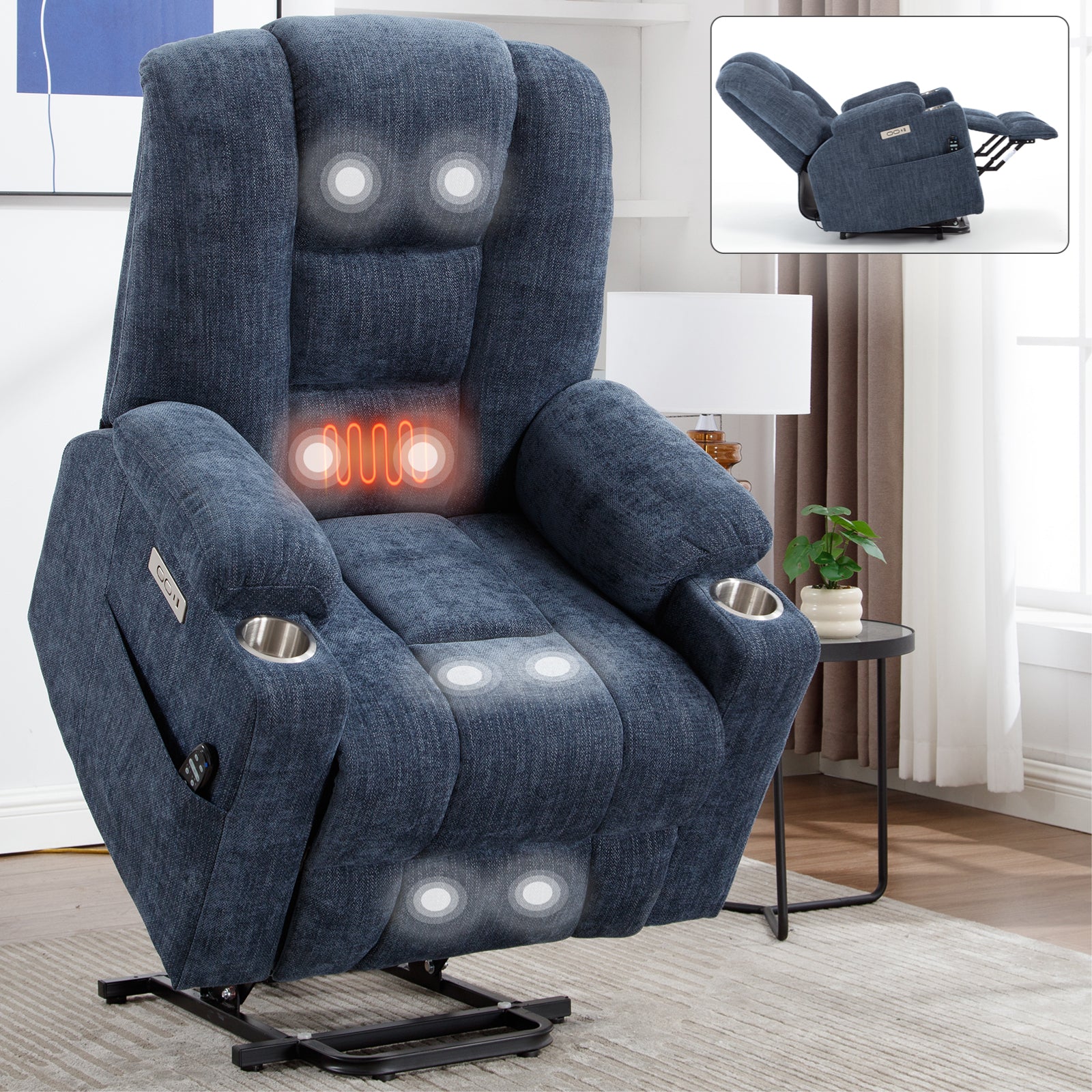Power Lift Recliner Chair Heat Massage USB Cup Holders, Blue