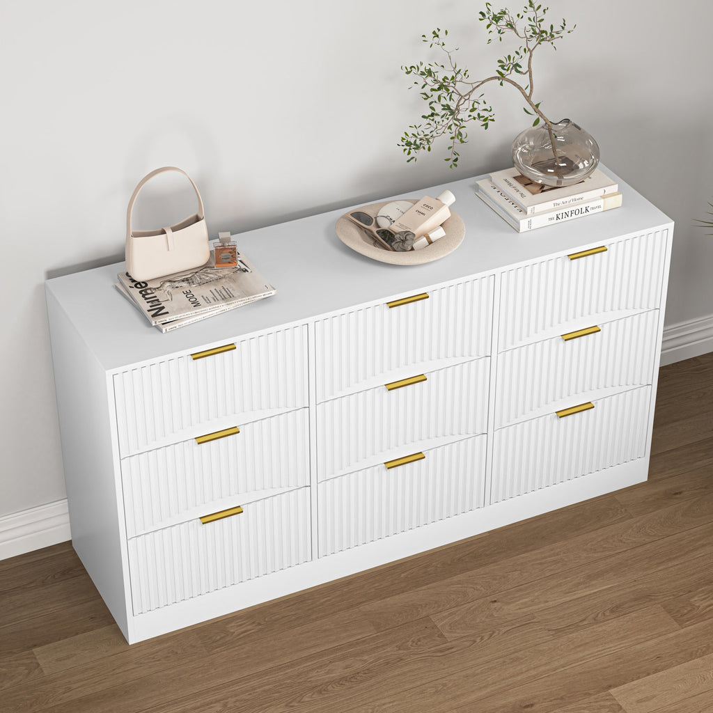 Dresser Classic 9-Drawer White Particle Board Gold Handles 63x15.74 In