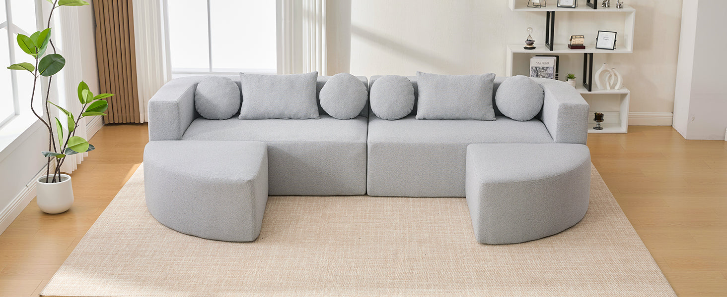 Sectional Sofa U-Shape Modular Boucle Gray 6-Seat Deep Seating 114.9x64.5 In
