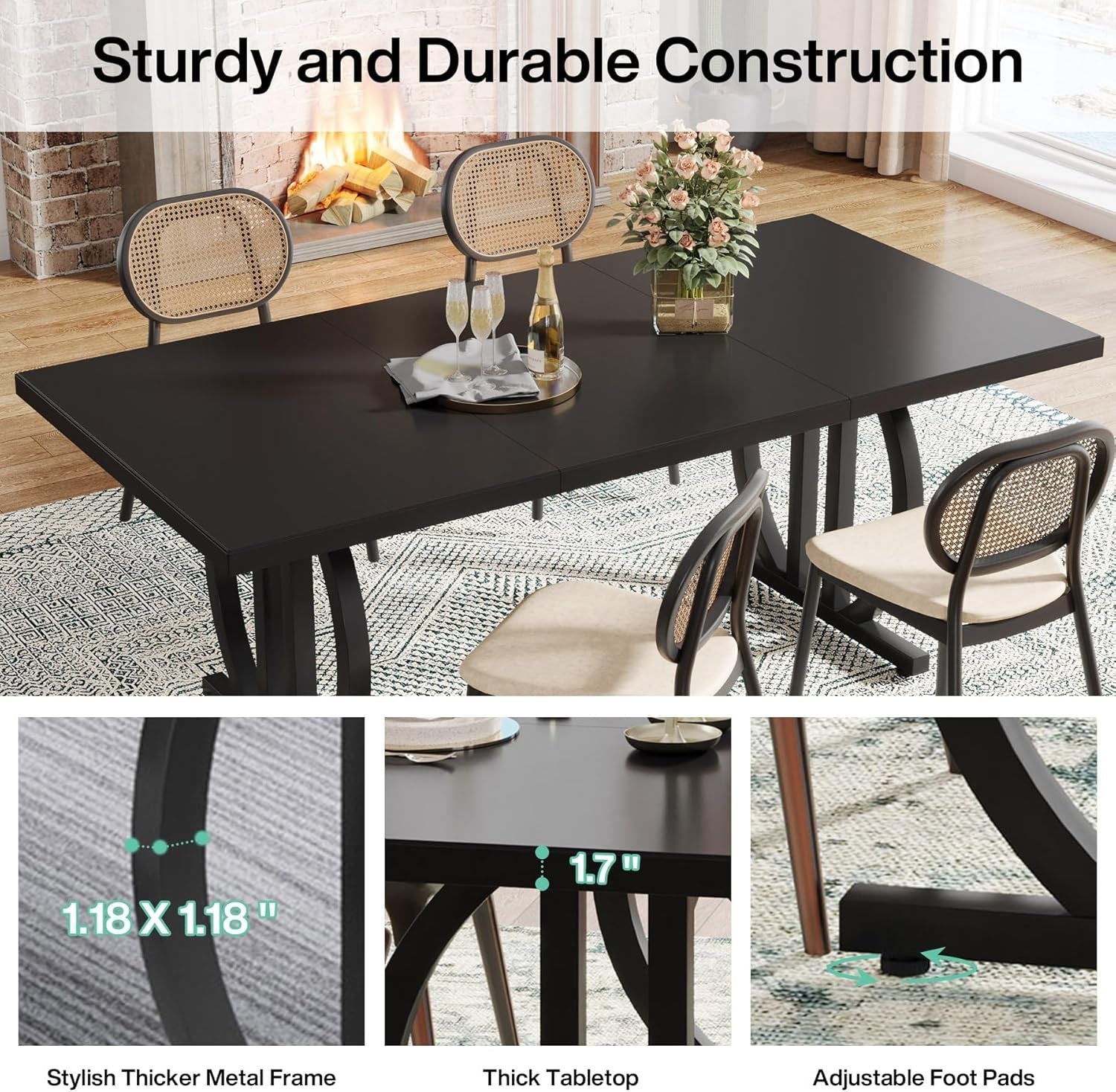 Black Modern Dining Table For Four To Six Rectangular