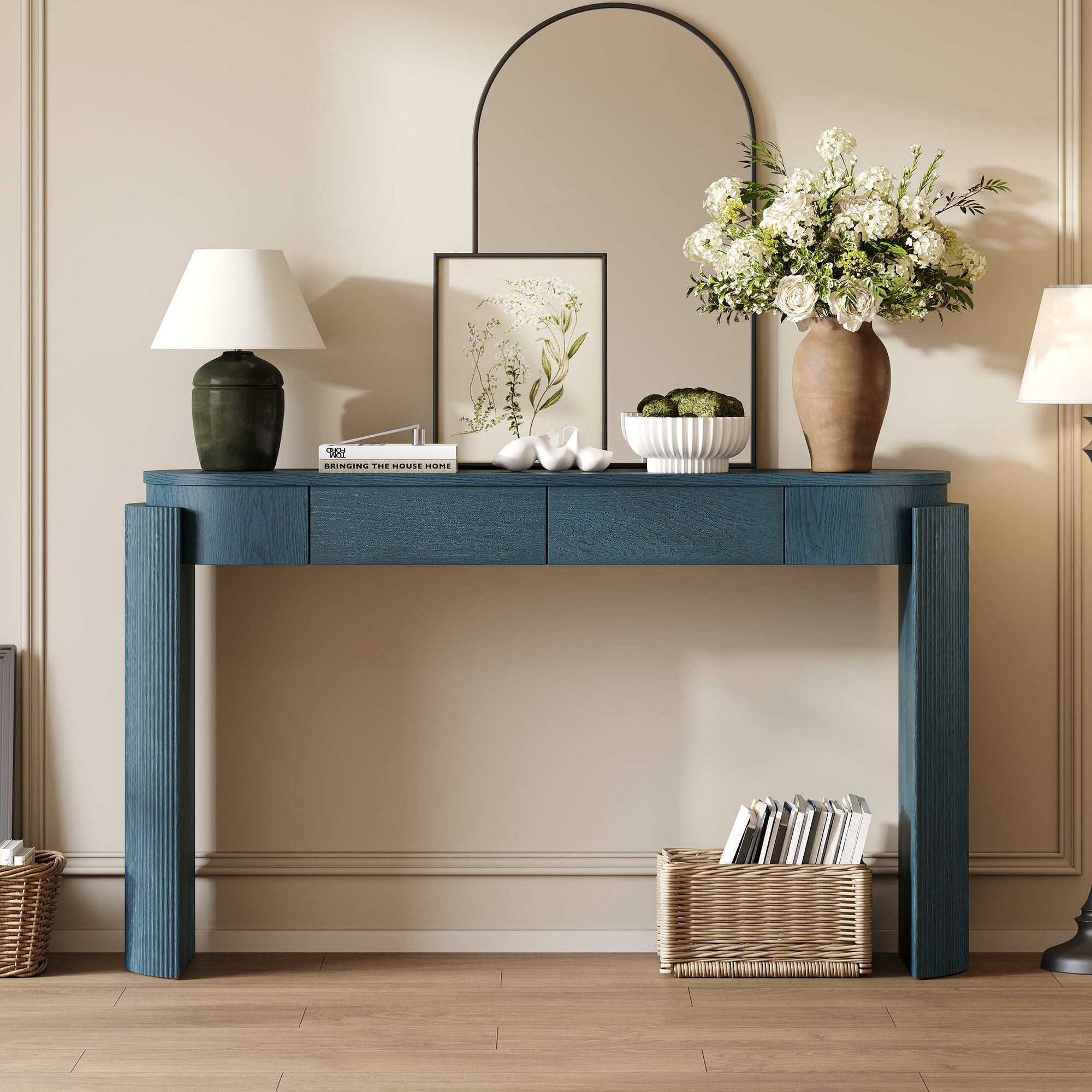 TREXM Entryway Table with Natural Wood Grain Finish, Console Table with Fluted Design, Oval Top and 2 Drawers for Entryway and Living Room (Navy)