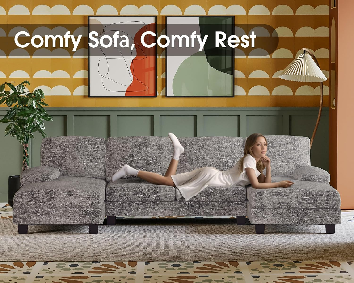 Grey Linen U Shaped Sectional Sofa Couch 4 Seat With Double Chaise