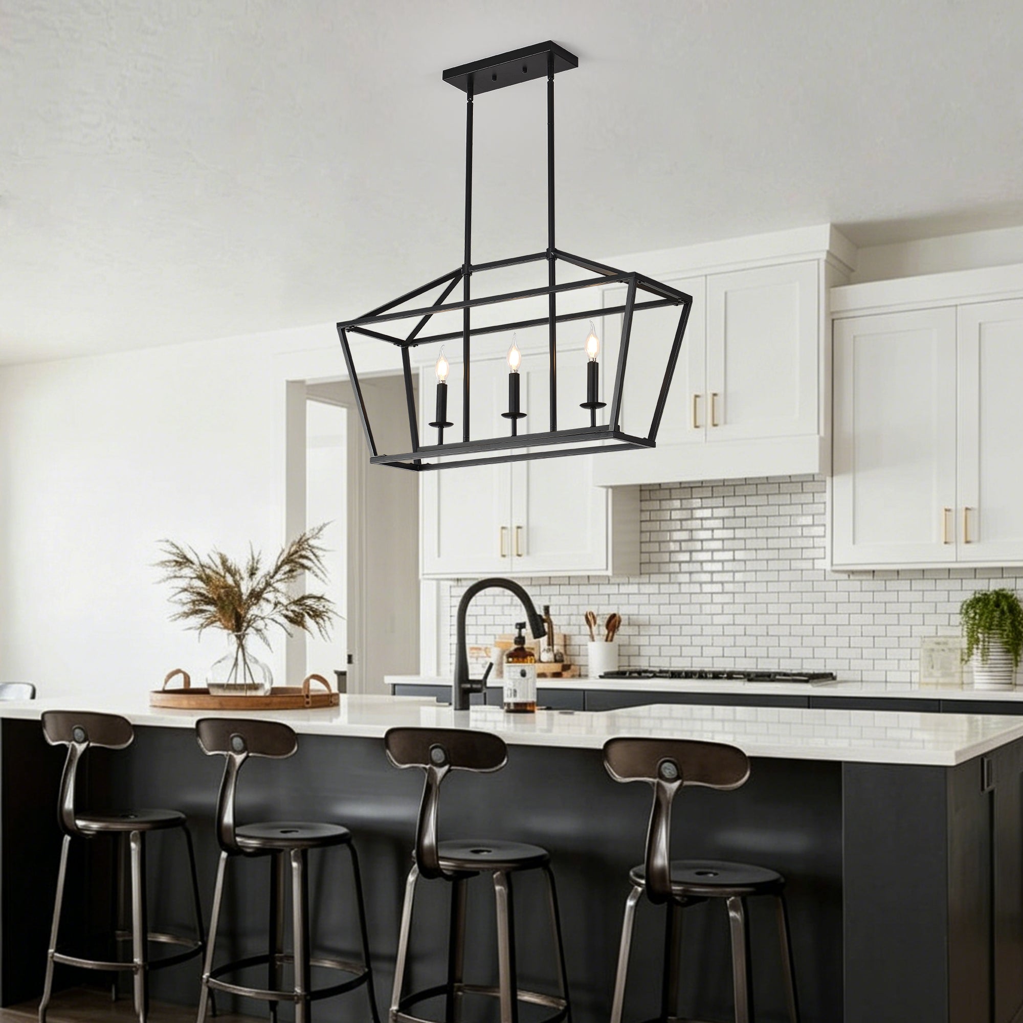 Chandelier Industrial Linear 3-Light Matte Black Metal Pendant Kitchen