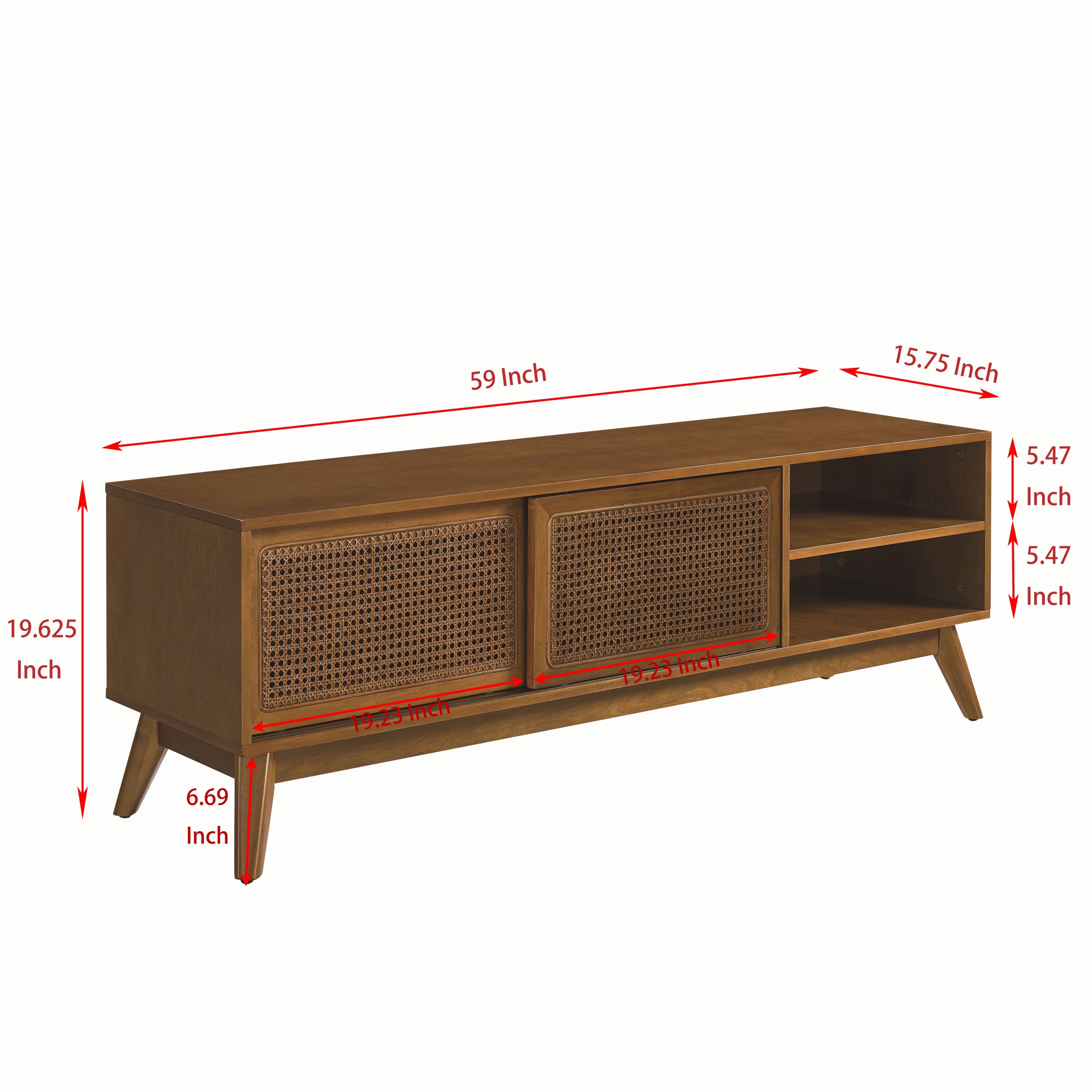 TV Stand Mid-Century Boho Rattan MDF Brown Ebony Sliding Door Fits 65 In TV