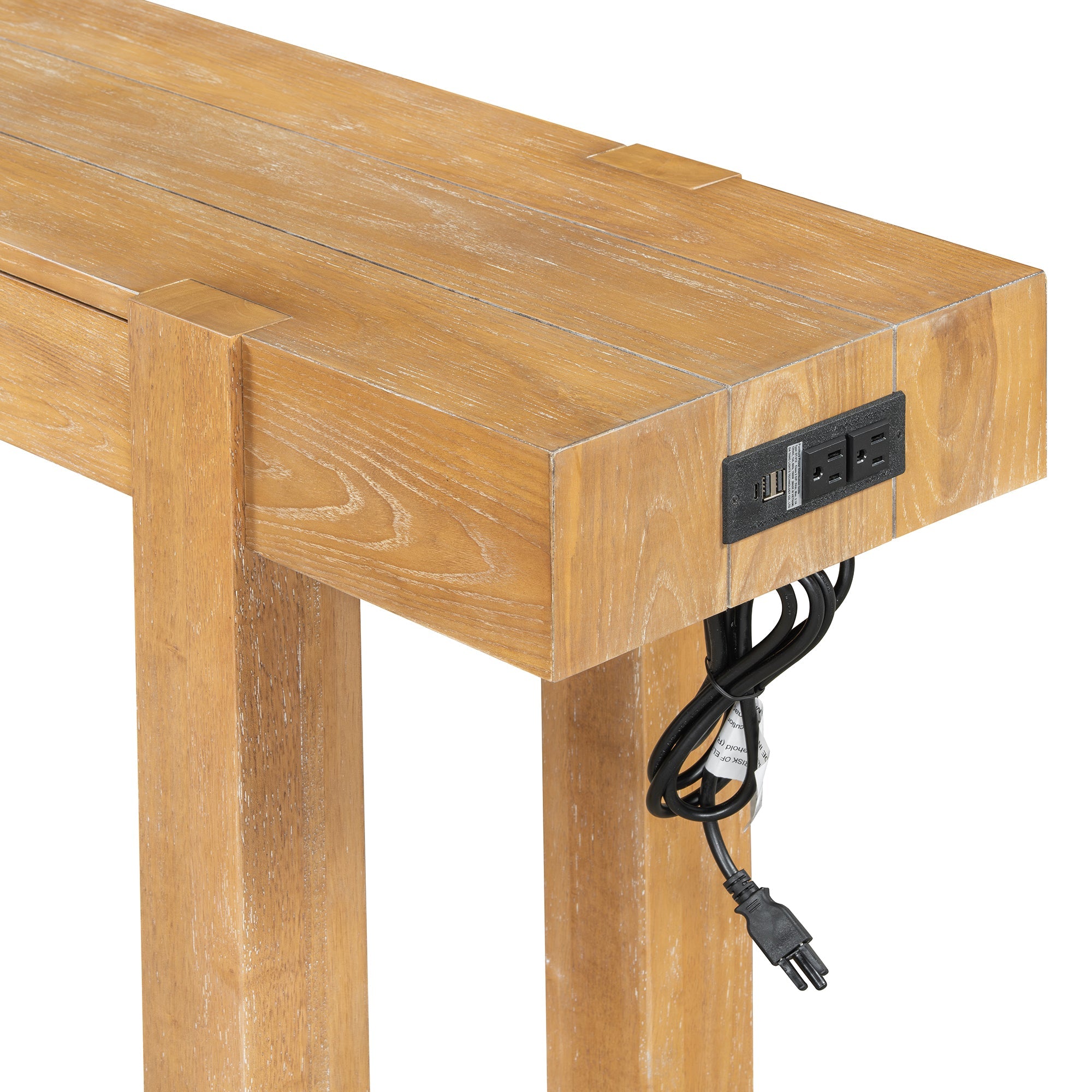Rustic Console Table, Hidden Drawer, Side Power Outlet, Entryway Table, Natural